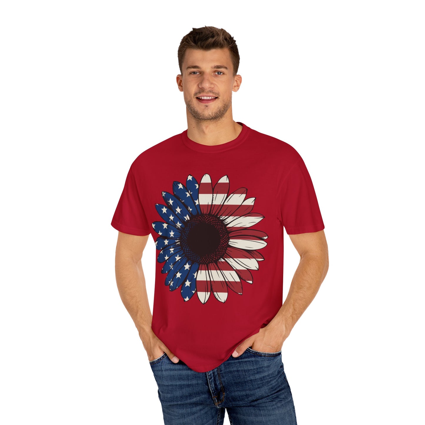 Patriotic Sun Flower Comfort ColorsT-Shirt, USA Flag Tee, Unisex Graphic T-Shirt for Independence Day, Summer Picnic, Gift for Americans