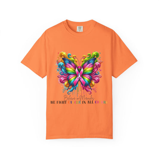 Colorful Butterfly Cancer Awareness Comfort Colors T-Shirt - Believe in Miracles, Fight Together