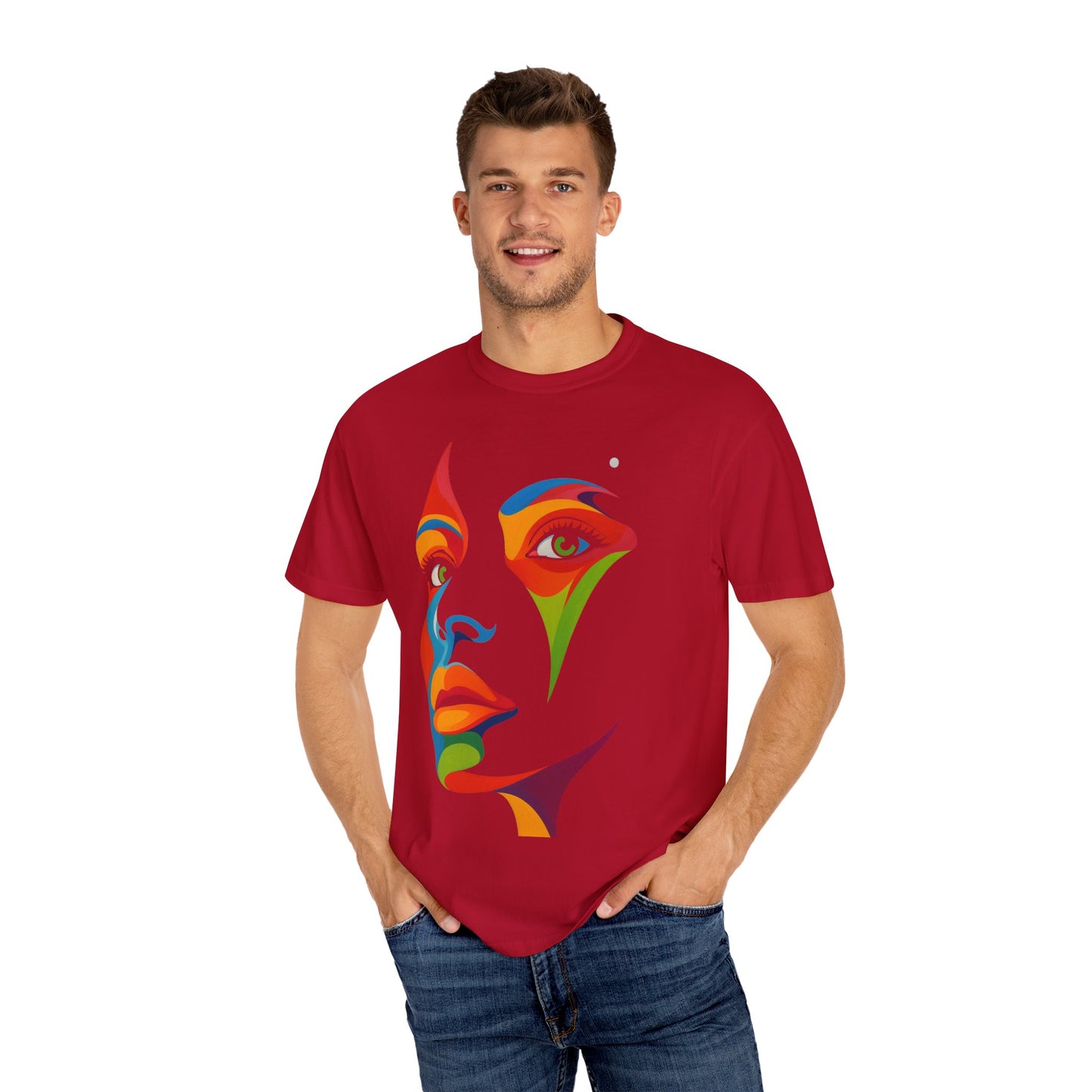 Bold Abstract Rainbow Face Art T-Shirt Colorful Expressionist Portrait Tee Artistic Streetwear Shirt