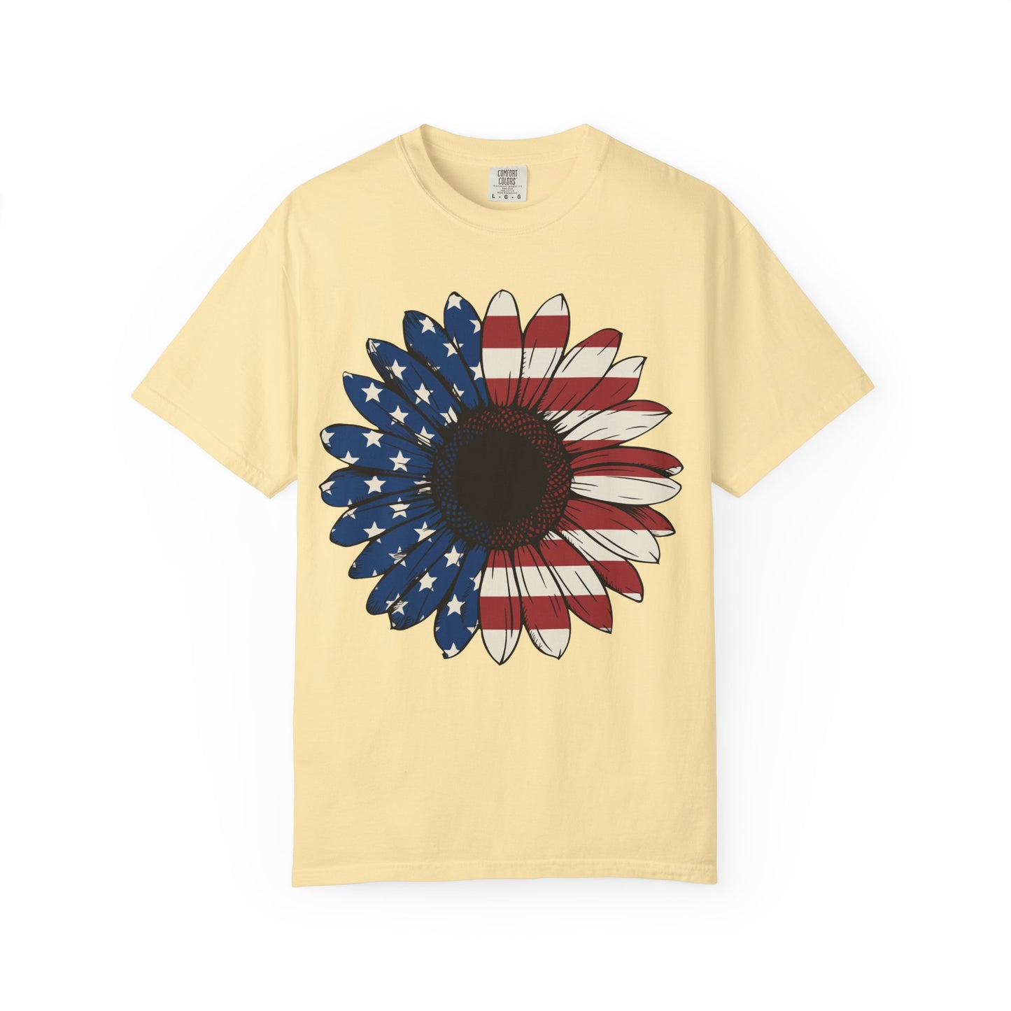 Patriotic Sun Flower Comfort ColorsT-Shirt, USA Flag Tee, Unisex Graphic T-Shirt for Independence Day, Summer Picnic, Gift for Americans