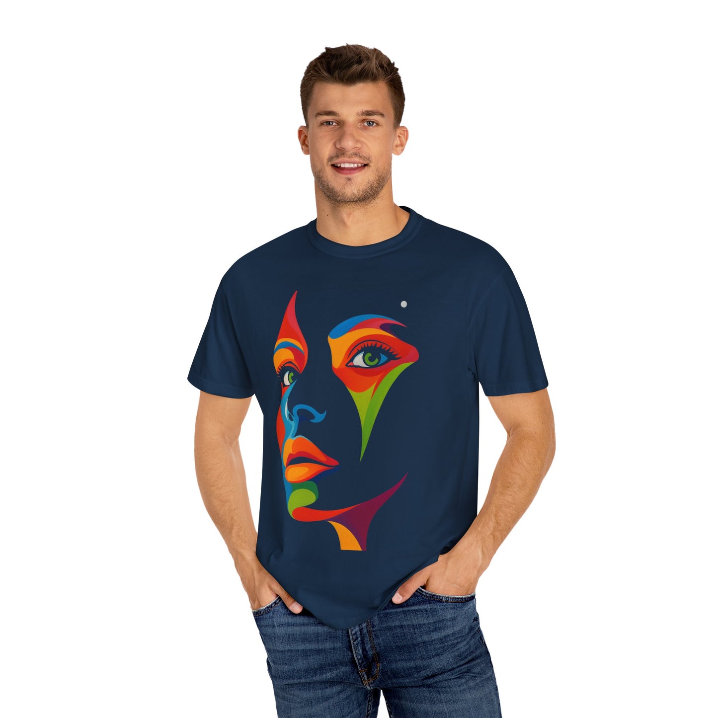 Bold Abstract Rainbow Face Art T-Shirt Colorful Expressionist Portrait Tee  Artistic Streetwear Shirt