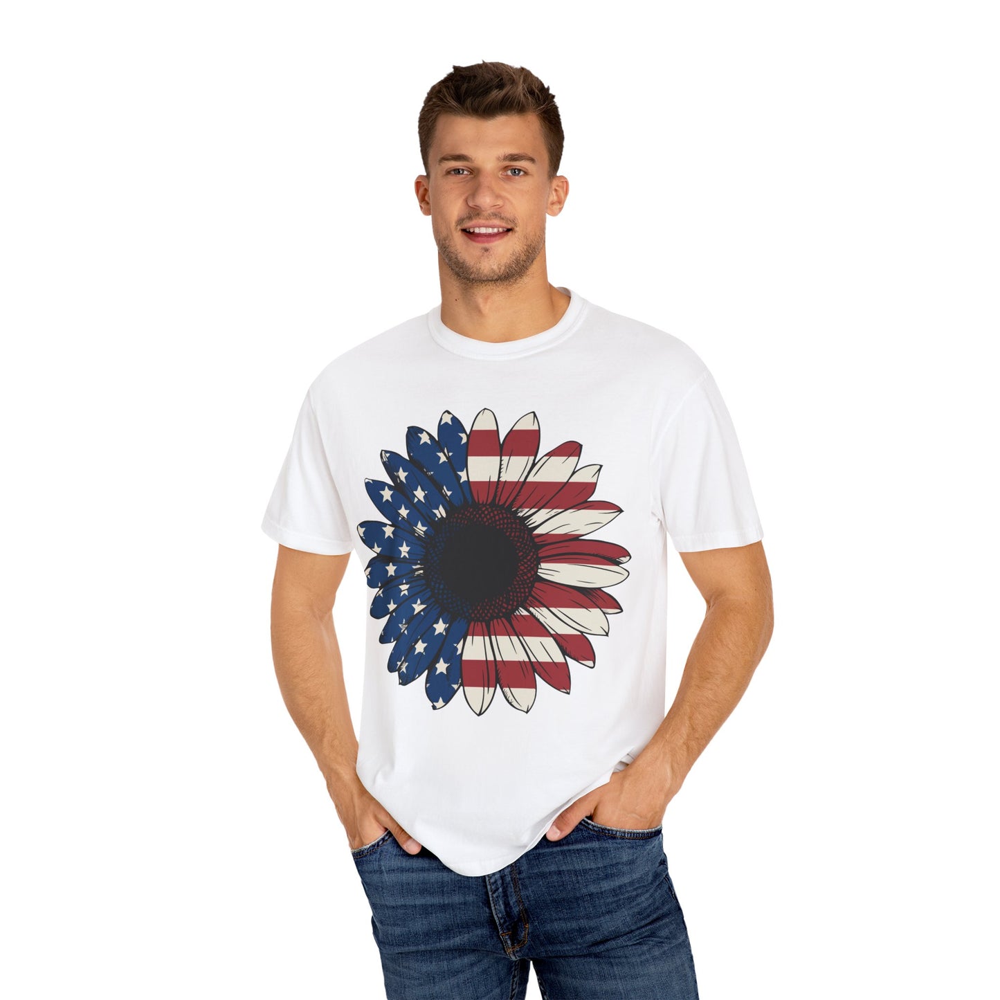 Patriotic Sun Flower Comfort ColorsT-Shirt, USA Flag Tee, Unisex Graphic T-Shirt for Independence Day, Summer Picnic, Gift for Americans