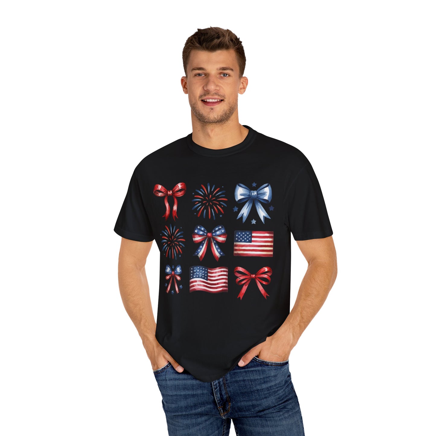 Patriotic Pride T-Shirt | 'Stars, Stripes & Bows' Americana Graphic TeeAmerican Flags, Bows, Fireworks | 4th of July & Memorial Day Graphics