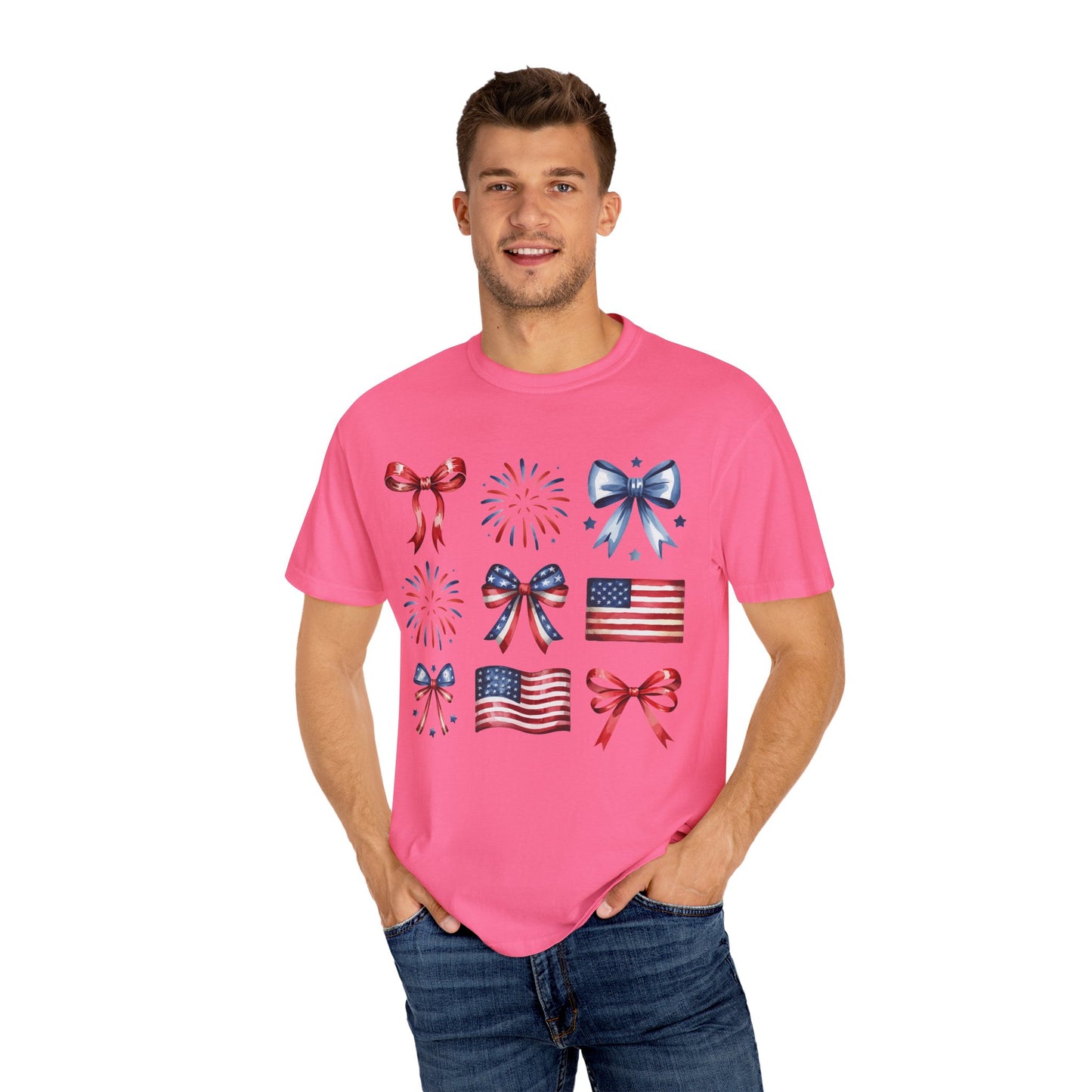 Patriotic Pride T-Shirt | 'Stars, Stripes & Bows' Americana Graphic TeeAmerican Flags, Bows, Fireworks | 4th of July & Memorial Day Graphics