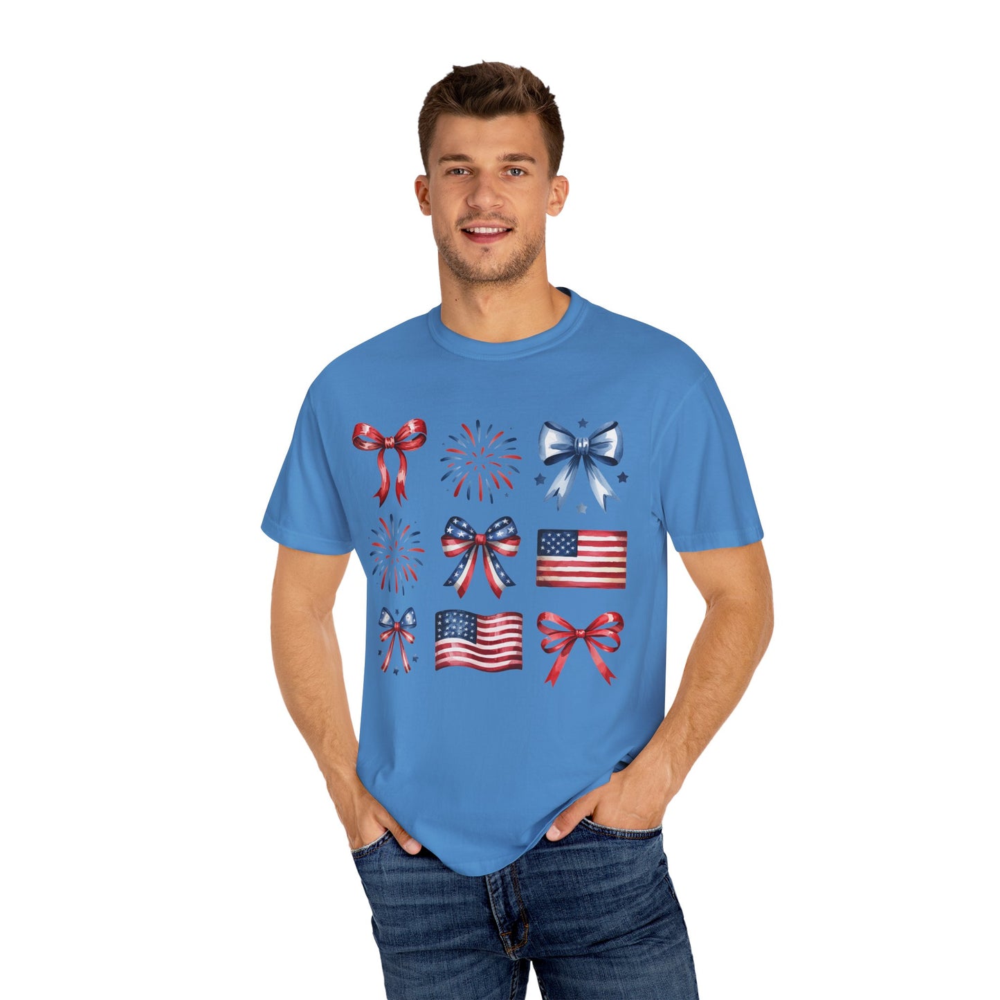 Patriotic Pride T-Shirt | 'Stars, Stripes & Bows' Americana Graphic TeeAmerican Flags, Bows, Fireworks | 4th of July & Memorial Day Graphics