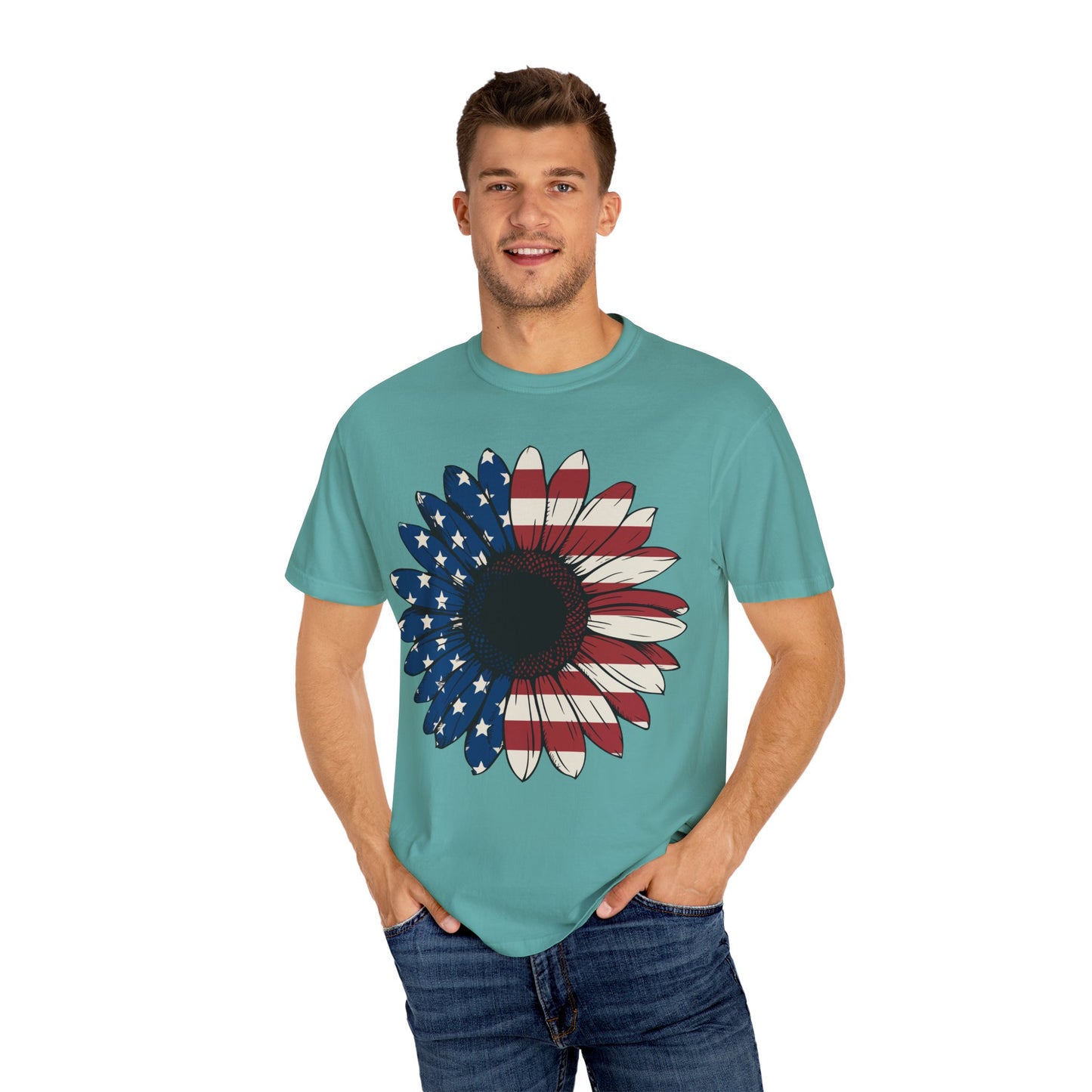 Patriotic Sun Flower Comfort ColorsT-Shirt, USA Flag Tee, Unisex Graphic T-Shirt for Independence Day, Summer Picnic, Gift for Americans