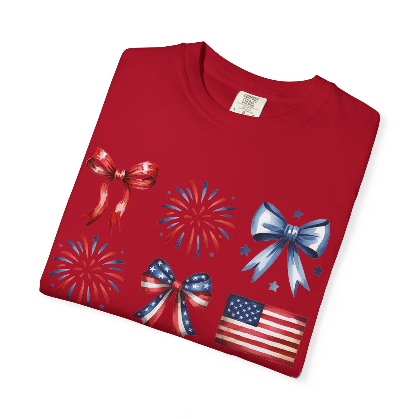 Patriotic Pride T-Shirt | 'Stars, Stripes & Bows' Americana Graphic TeeAmerican Flags, Bows, Fireworks | 4th of July & Memorial Day Graphics