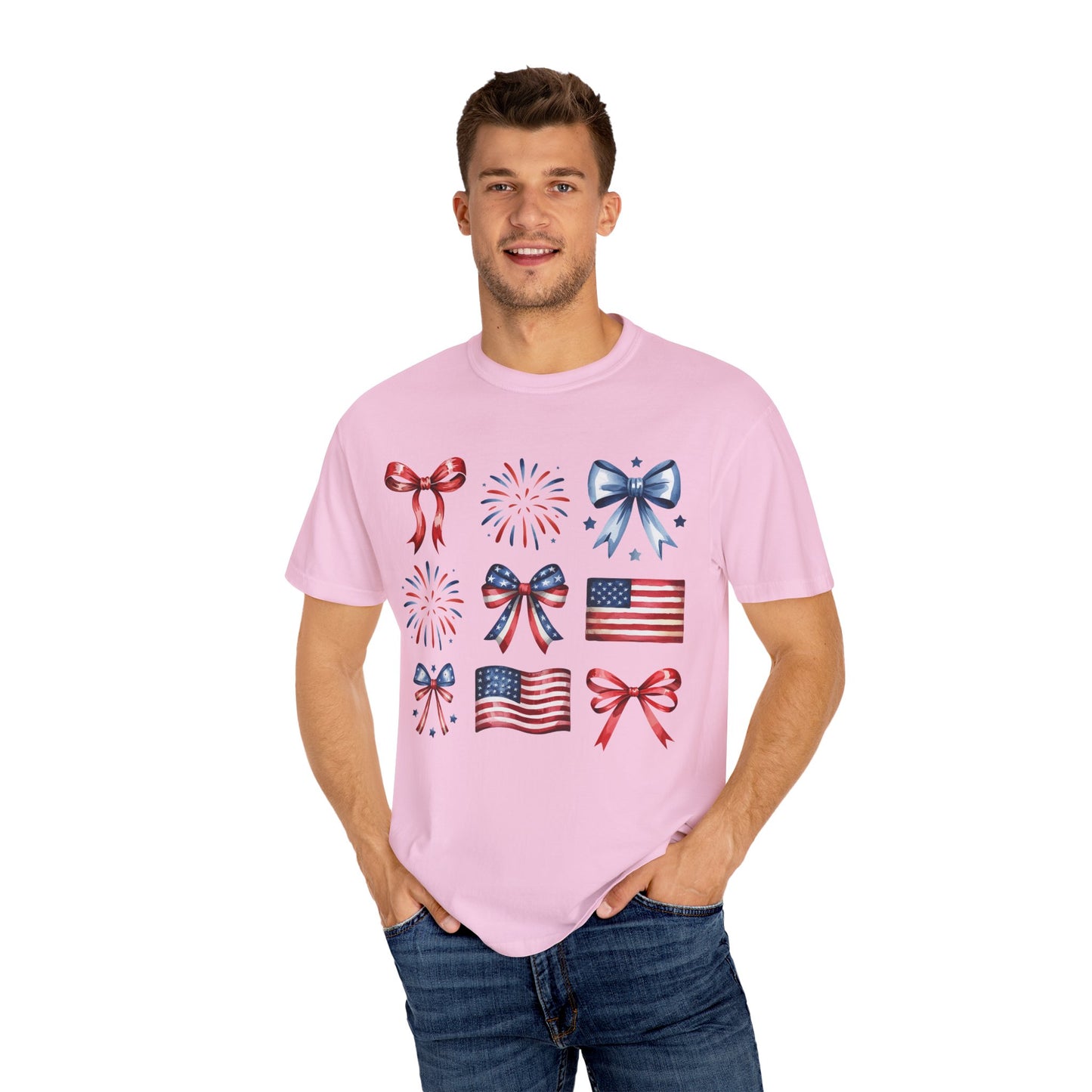Patriotic Pride T-Shirt | 'Stars, Stripes & Bows' Americana Graphic TeeAmerican Flags, Bows, Fireworks | 4th of July & Memorial Day Graphics
