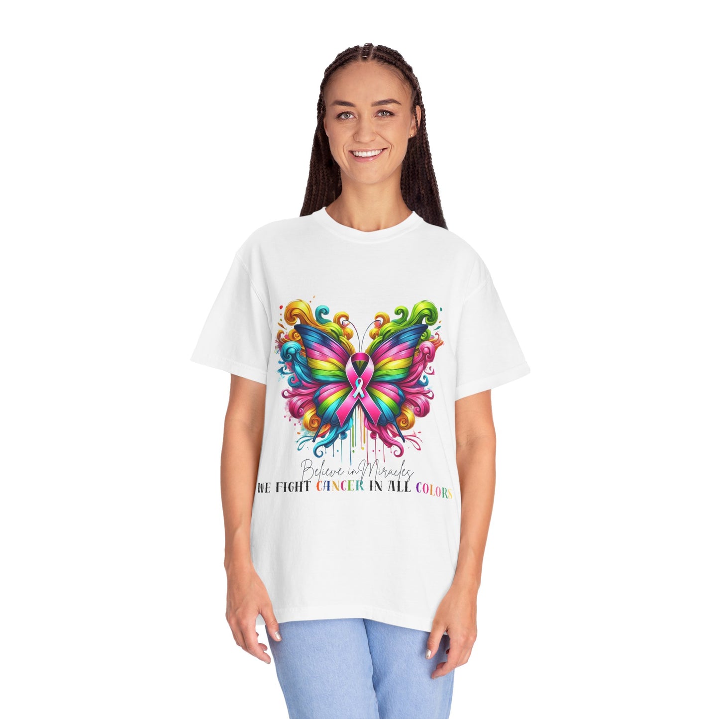 Colorful Butterfly Cancer Awareness Comfort Colors T-Shirt - Believe in Miracles, Fight Together