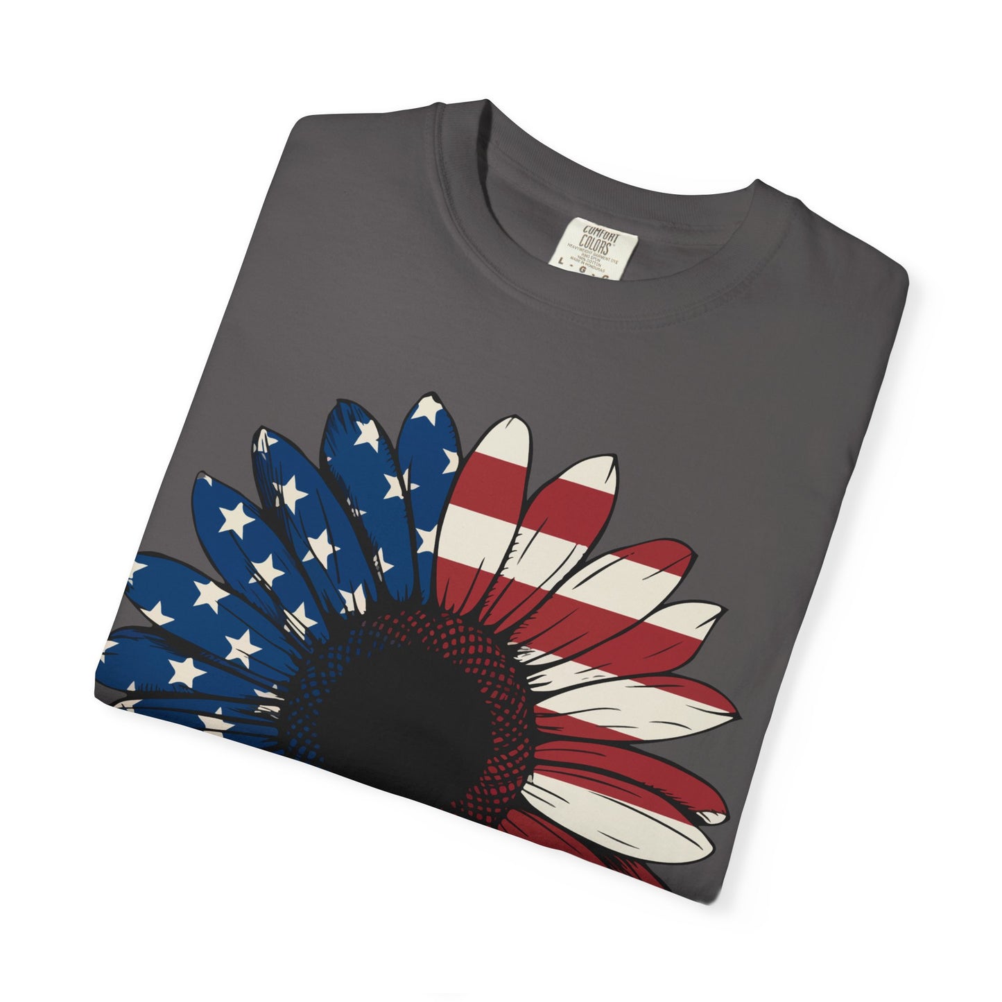 Patriotic Sun Flower Comfort ColorsT-Shirt, USA Flag Tee, Unisex Graphic T-Shirt for Independence Day, Summer Picnic, Gift for Americans