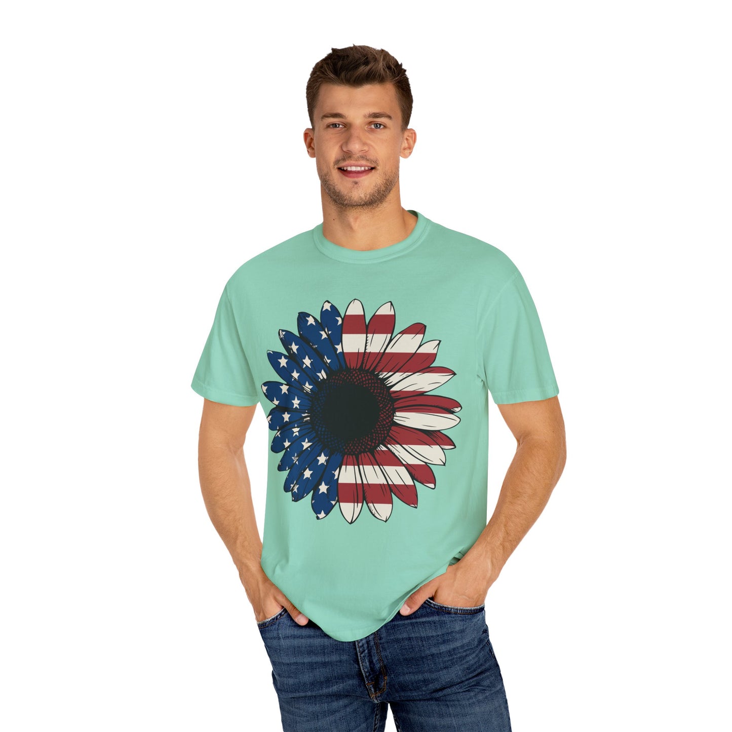 Patriotic Sun Flower Comfort ColorsT-Shirt, USA Flag Tee, Unisex Graphic T-Shirt for Independence Day, Summer Picnic, Gift for Americans
