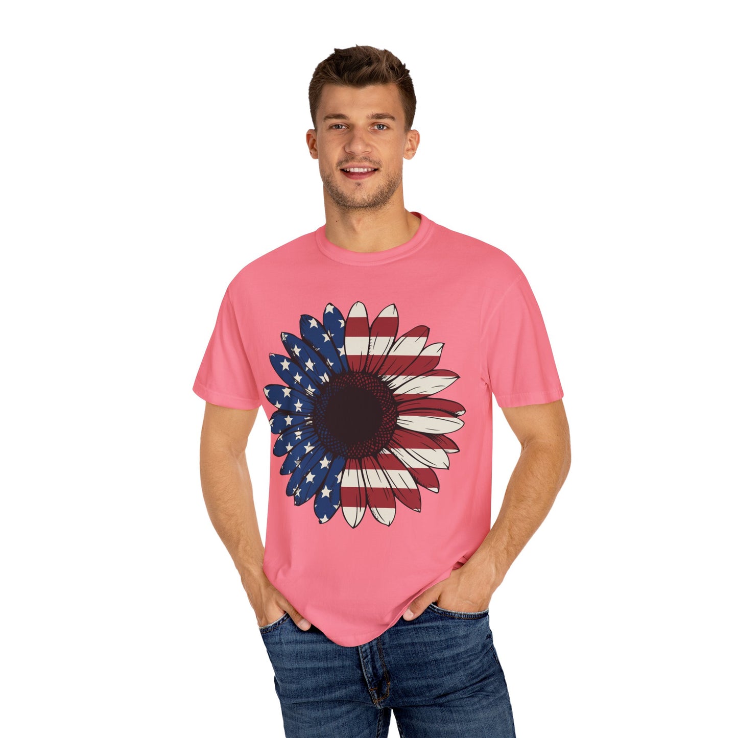 Patriotic Sun Flower Comfort ColorsT-Shirt, USA Flag Tee, Unisex Graphic T-Shirt for Independence Day, Summer Picnic, Gift for Americans