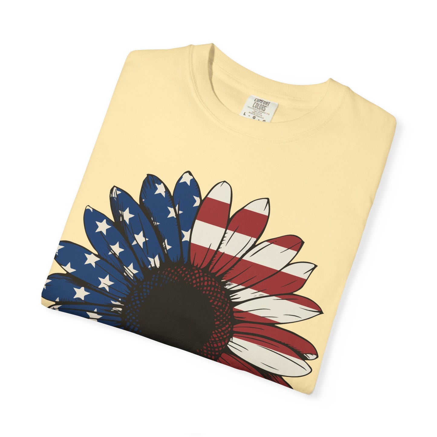Patriotic Sun Flower Comfort ColorsT-Shirt, USA Flag Tee, Unisex Graphic T-Shirt for Independence Day, Summer Picnic, Gift for Americans