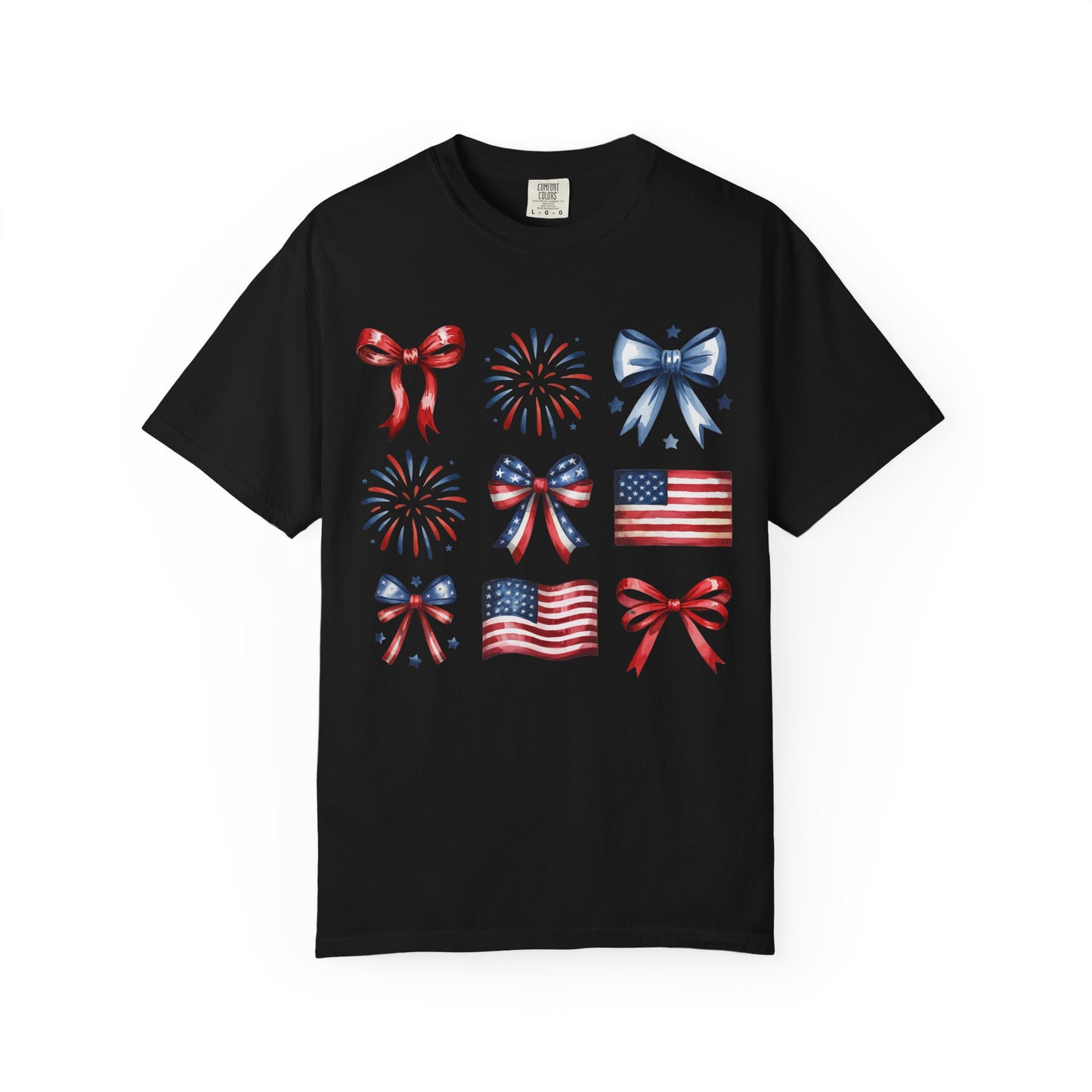 Patriotic Pride T-Shirt | 'Stars, Stripes & Bows' Americana Graphic TeeAmerican Flags, Bows, Fireworks | 4th of July & Memorial Day Graphics