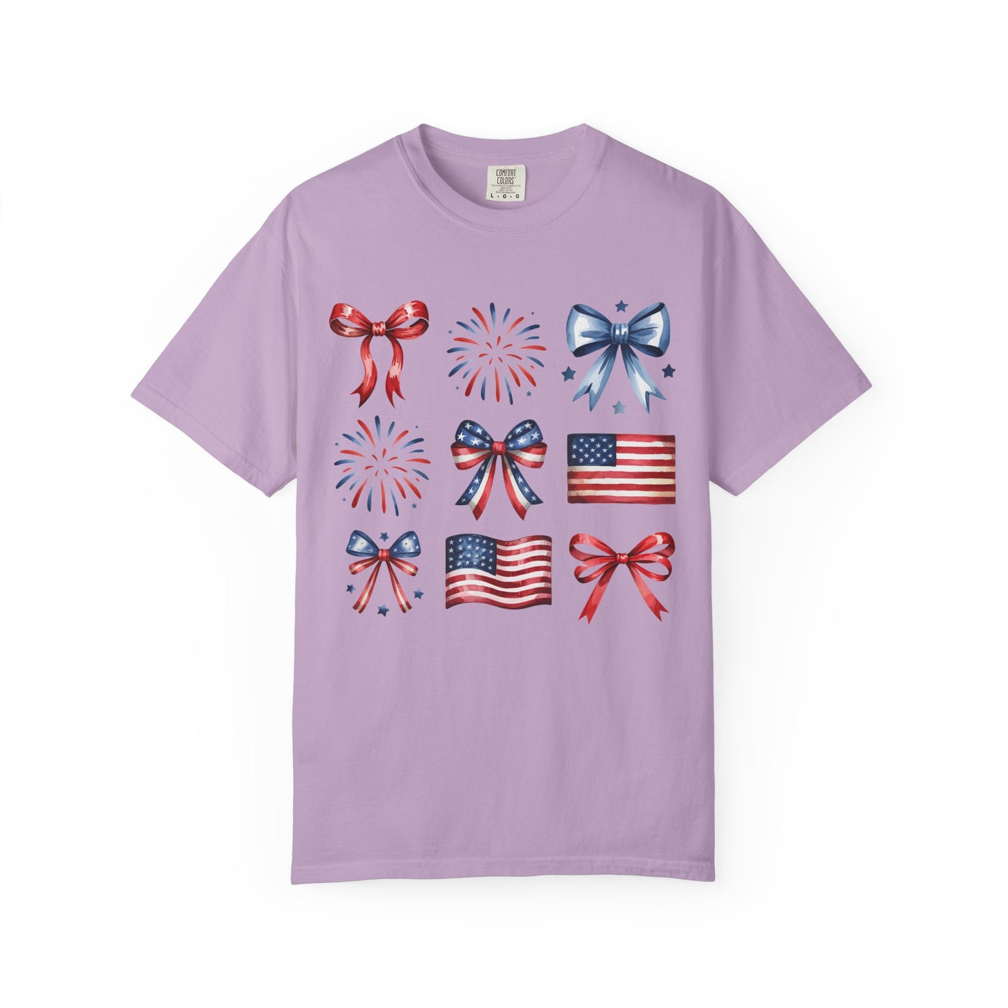 Patriotic Pride T-Shirt | 'Stars, Stripes & Bows' Americana Graphic TeeAmerican Flags, Bows, Fireworks | 4th of July & Memorial Day Graphics