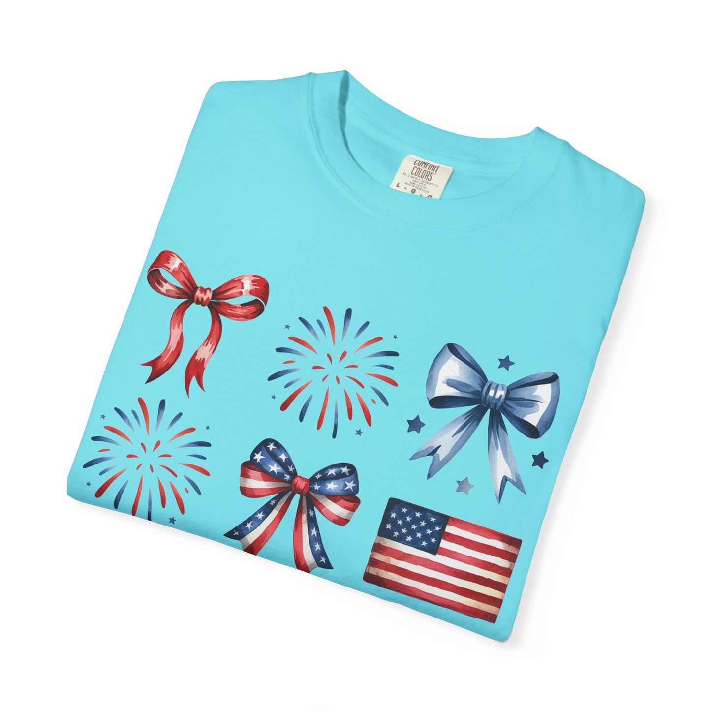 Patriotic Pride T-Shirt | 'Stars, Stripes & Bows' Americana Graphic TeeAmerican Flags, Bows, Fireworks | 4th of July & Memorial Day Graphics