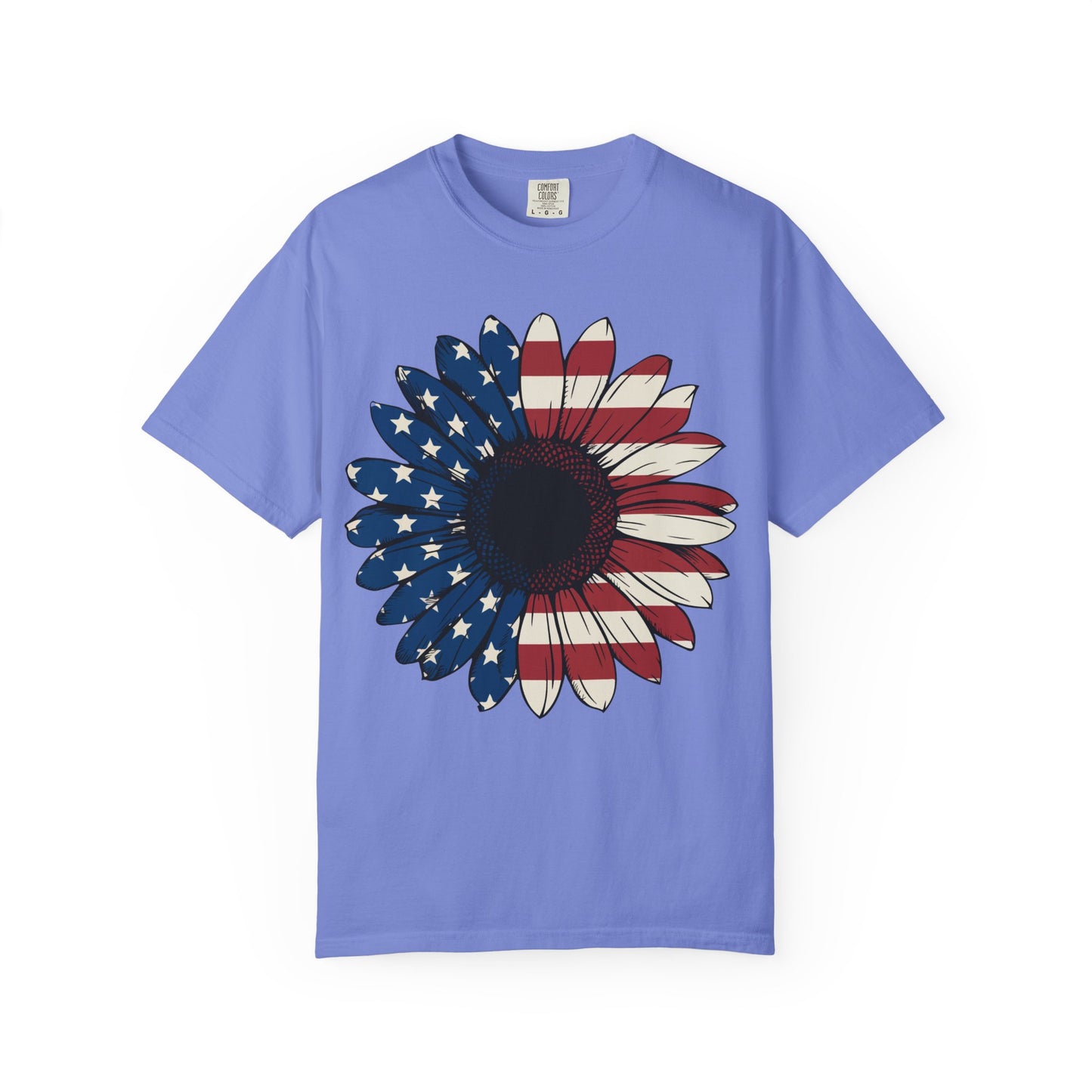 Patriotic Sun Flower Comfort ColorsT-Shirt, USA Flag Tee, Unisex Graphic T-Shirt for Independence Day, Summer Picnic, Gift for Americans
