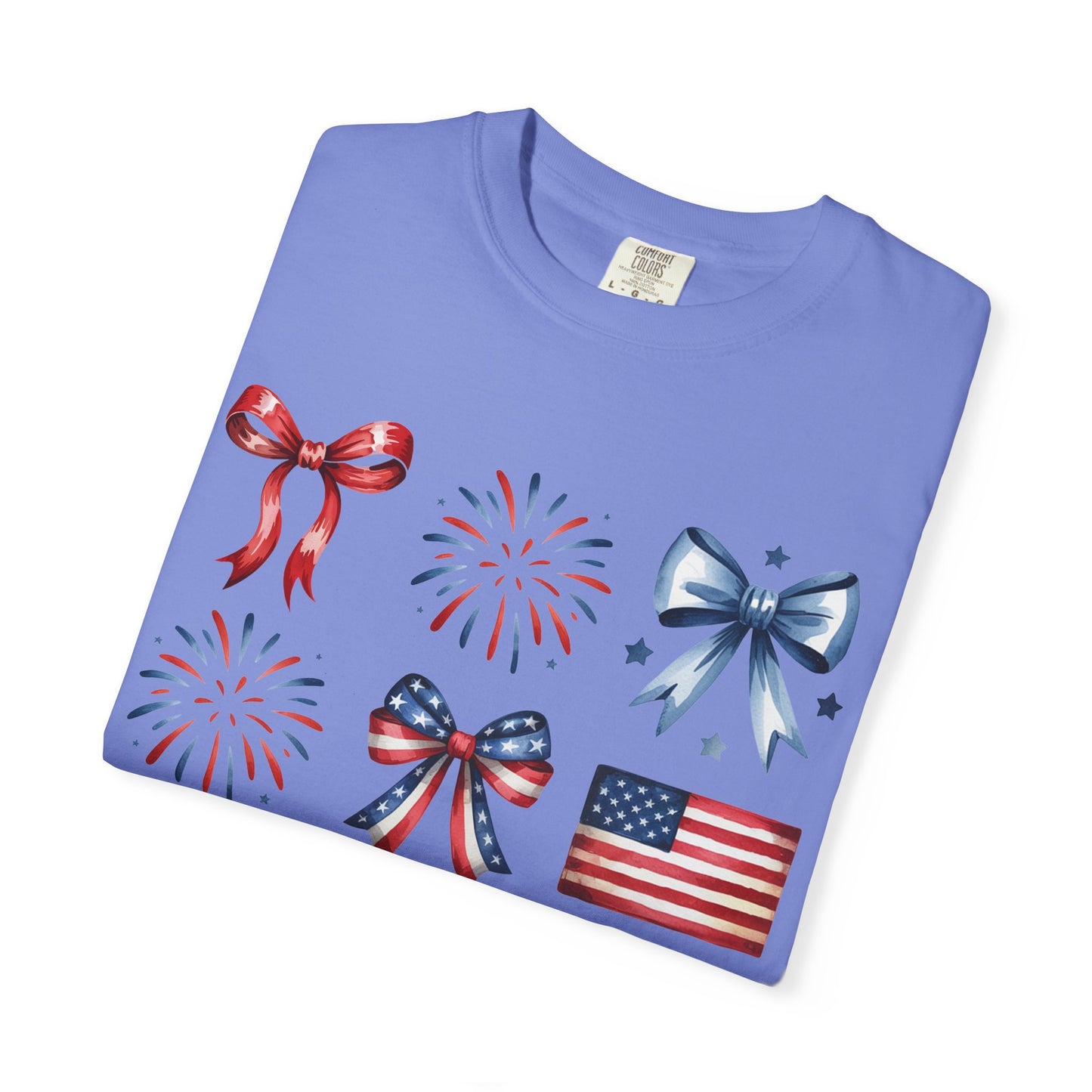 Patriotic Pride T-Shirt | 'Stars, Stripes & Bows' Americana Graphic TeeAmerican Flags, Bows, Fireworks | 4th of July & Memorial Day Graphics