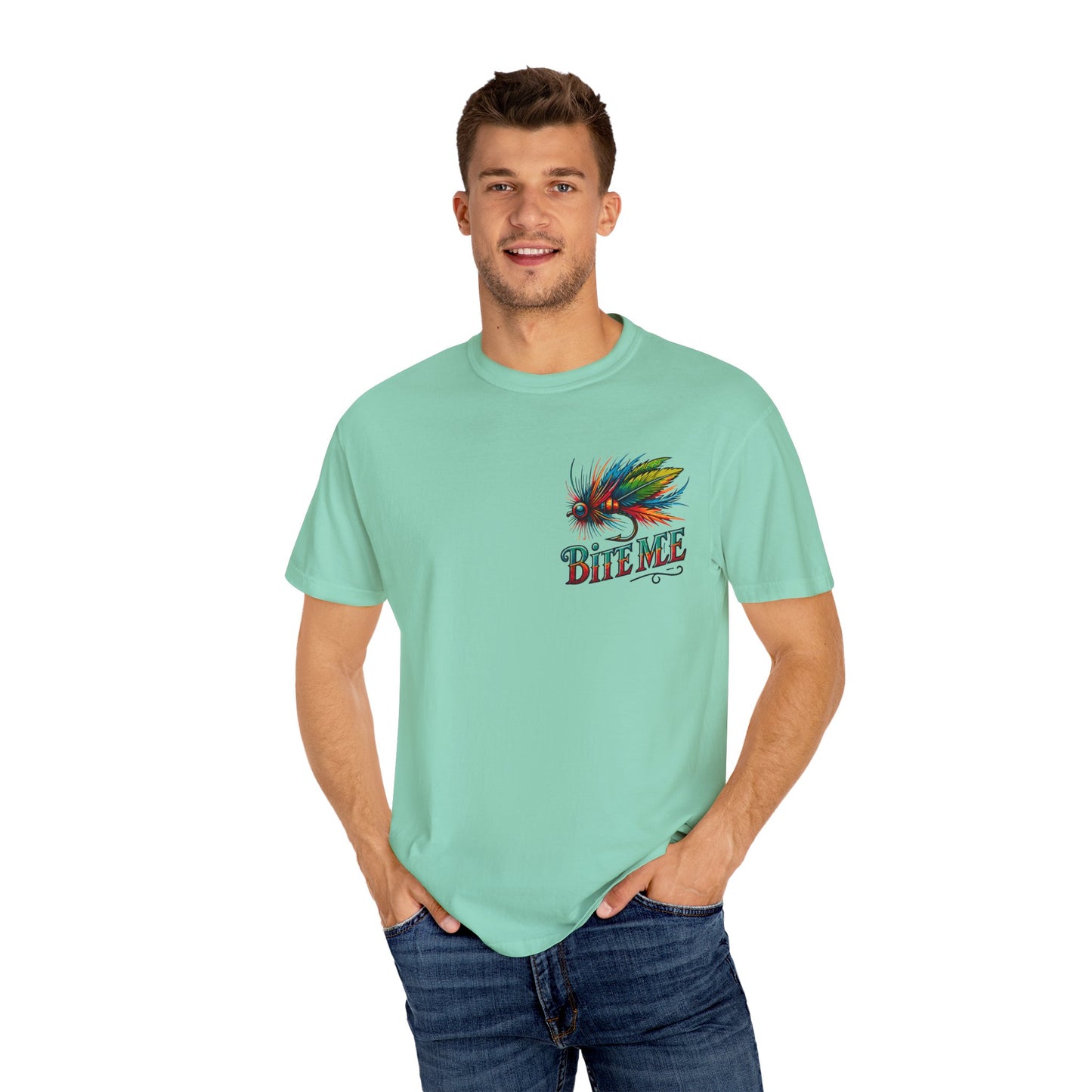 Bite Me Fishing Shirt – Funny Fly Fishing Graphic Tee, Rainbow Lure Outdoor Humor, Sassy Angler Gift