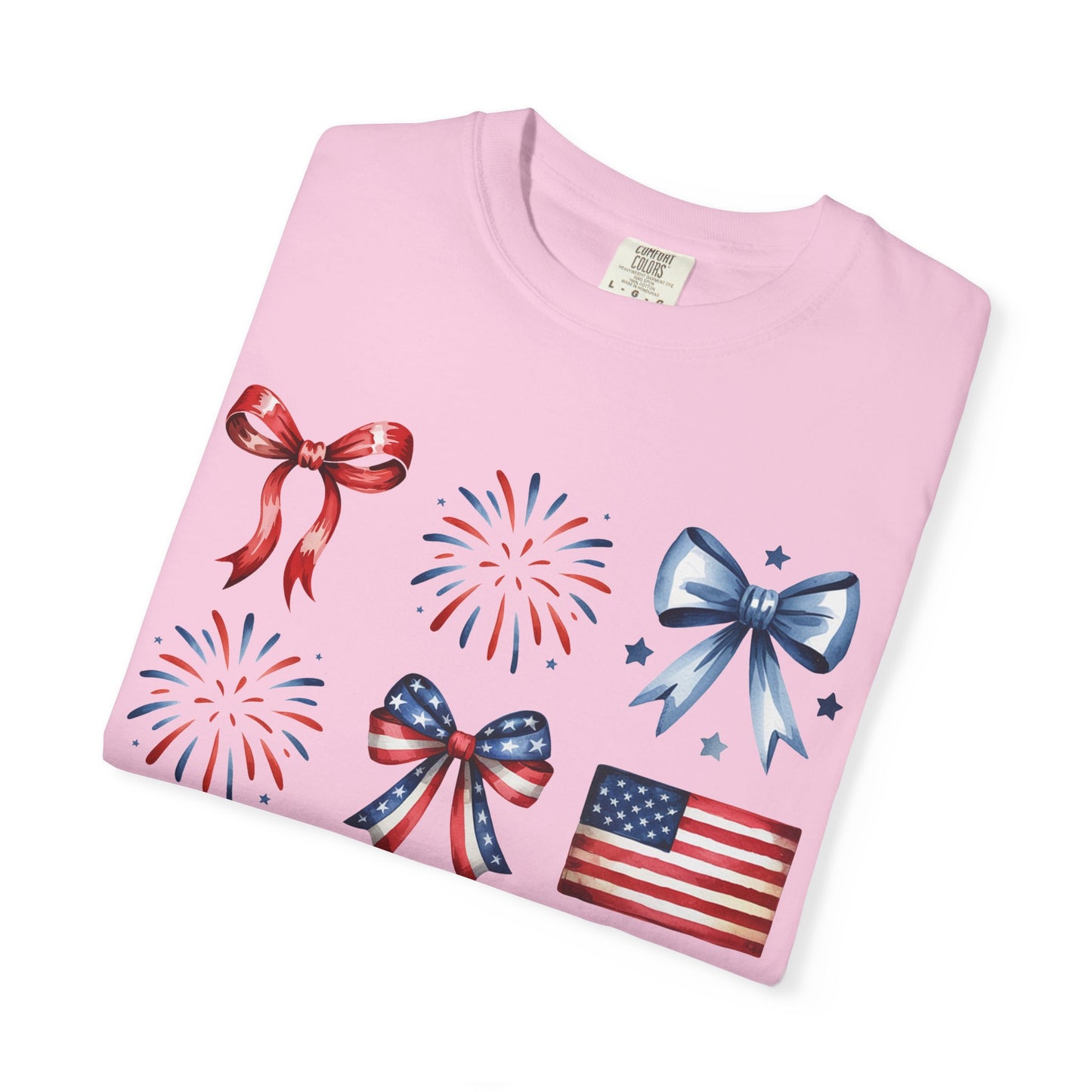 Patriotic Pride T-Shirt | 'Stars, Stripes & Bows' Americana Graphic TeeAmerican Flags, Bows, Fireworks | 4th of July & Memorial Day Graphics