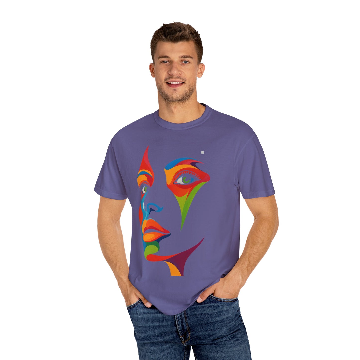 Bold Abstract Rainbow Face Art T-Shirt Colorful Expressionist Portrait Tee  Artistic Streetwear Shirt