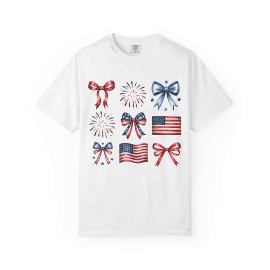 Patriotic Pride T-Shirt | 'Stars, Stripes & Bows' Americana Graphic TeeAmerican Flags, Bows, Fireworks | 4th of July & Memorial Day Graphics