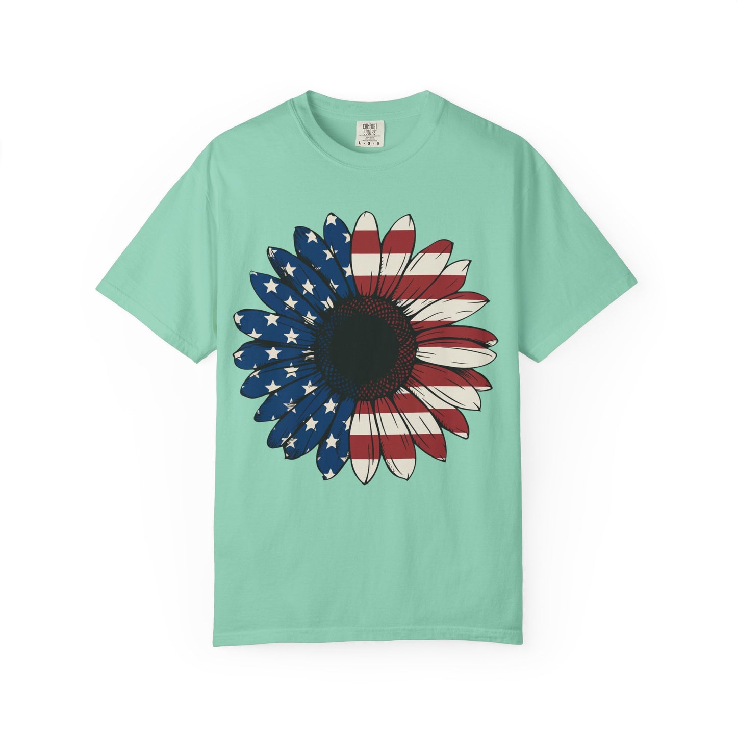 Patriotic Sun Flower Comfort ColorsT-Shirt, USA Flag Tee, Unisex Graphic T-Shirt for Independence Day, Summer Picnic, Gift for Americans
