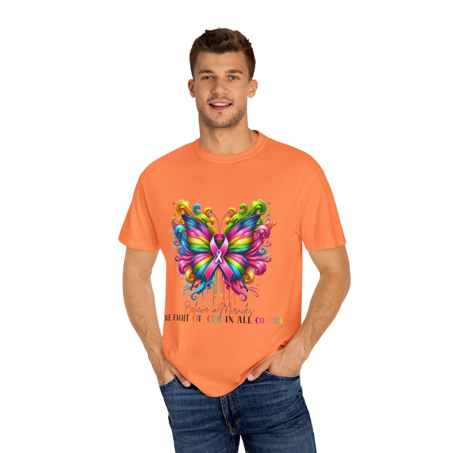 Colorful Butterfly Cancer Awareness Comfort Colors T-Shirt - Believe in Miracles, Fight Together