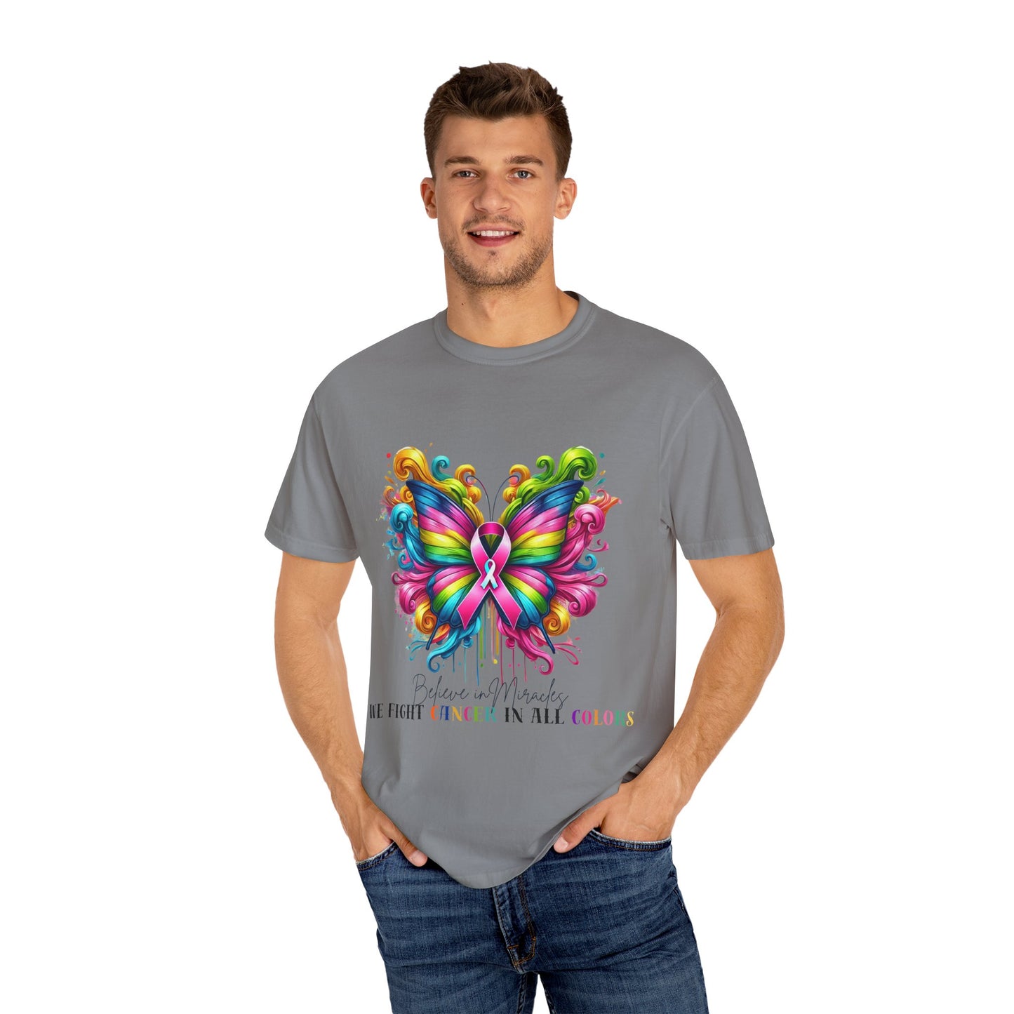 Colorful Butterfly Cancer Awareness Comfort Colors T-Shirt - Believe in Miracles, Fight Together