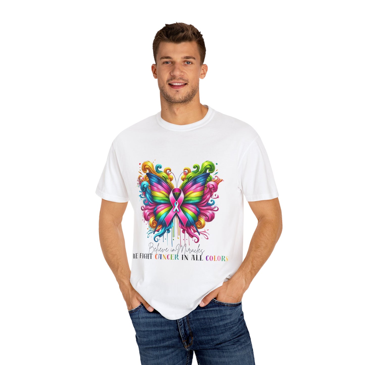 Colorful Butterfly Cancer Awareness Comfort Colors T-Shirt - Believe in Miracles, Fight Together