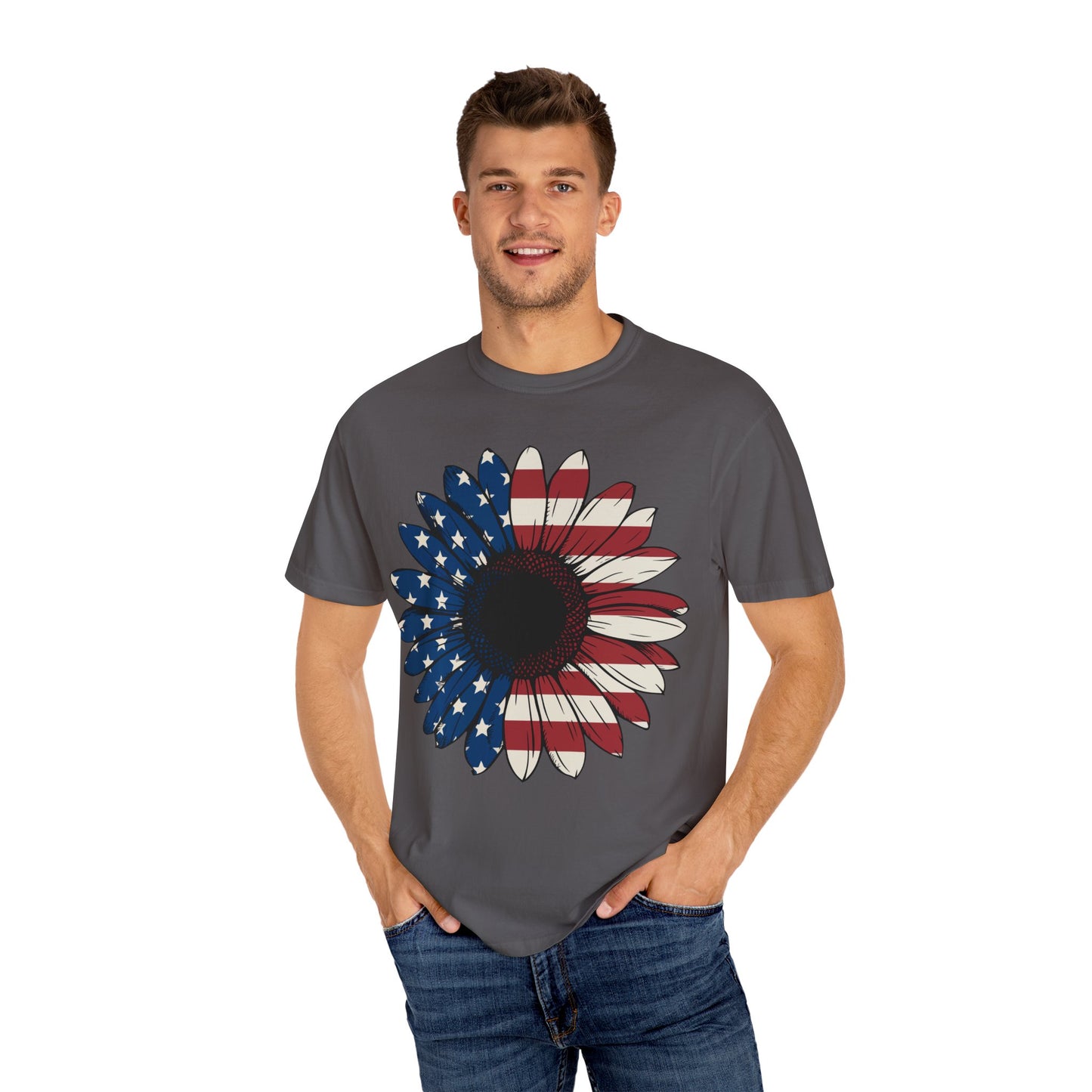 Patriotic Sun Flower Comfort ColorsT-Shirt, USA Flag Tee, Unisex Graphic T-Shirt for Independence Day, Summer Picnic, Gift for Americans