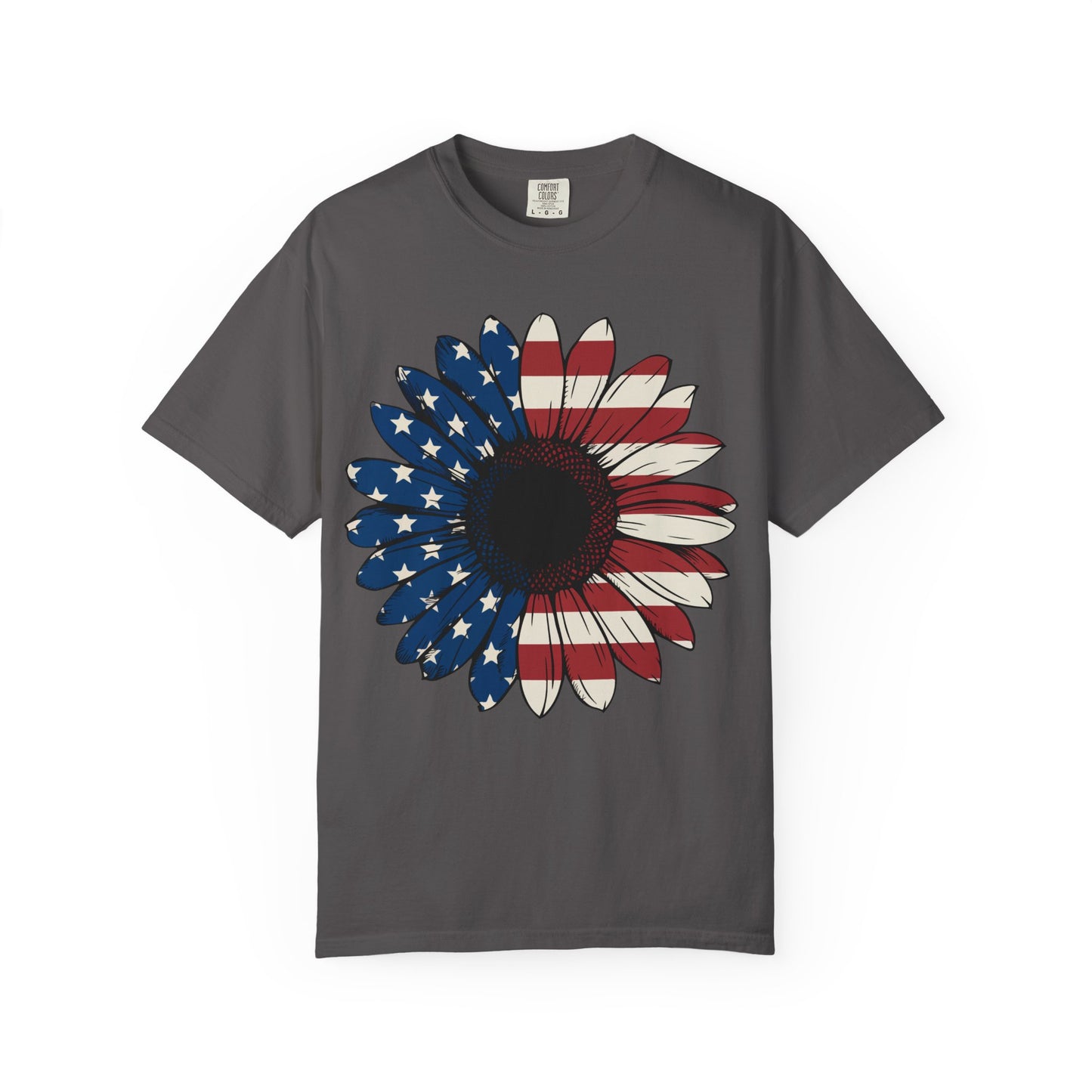 Patriotic Sun Flower Comfort ColorsT-Shirt, USA Flag Tee, Unisex Graphic T-Shirt for Independence Day, Summer Picnic, Gift for Americans