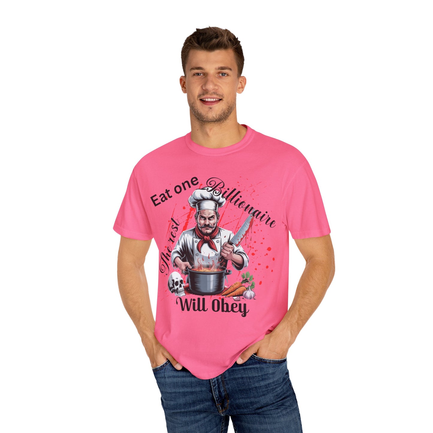 Funny Chef T-Shirt, Culinary Humor Tee, Eat One Billionaire The Rest Will Obey, Dark Satire Chef Skull Cooking Graphic T-Shirt, Anti-Capitalist Political Satire Tee