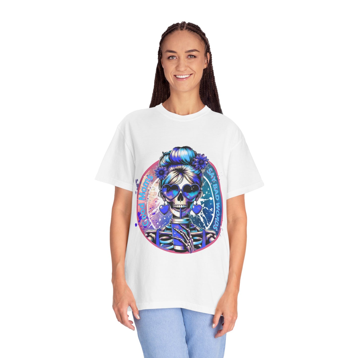 Good Moms Say Bad Words Unisex Garment-Dyed T-Shirt with Colorful Skull Design - Perfect for Everyday Wear