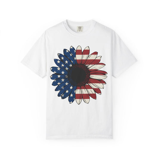 Patriotic Sun Flower Comfort ColorsT-Shirt, USA Flag Tee, Unisex Graphic T-Shirt for Independence Day, Summer Picnic, Gift for Americans