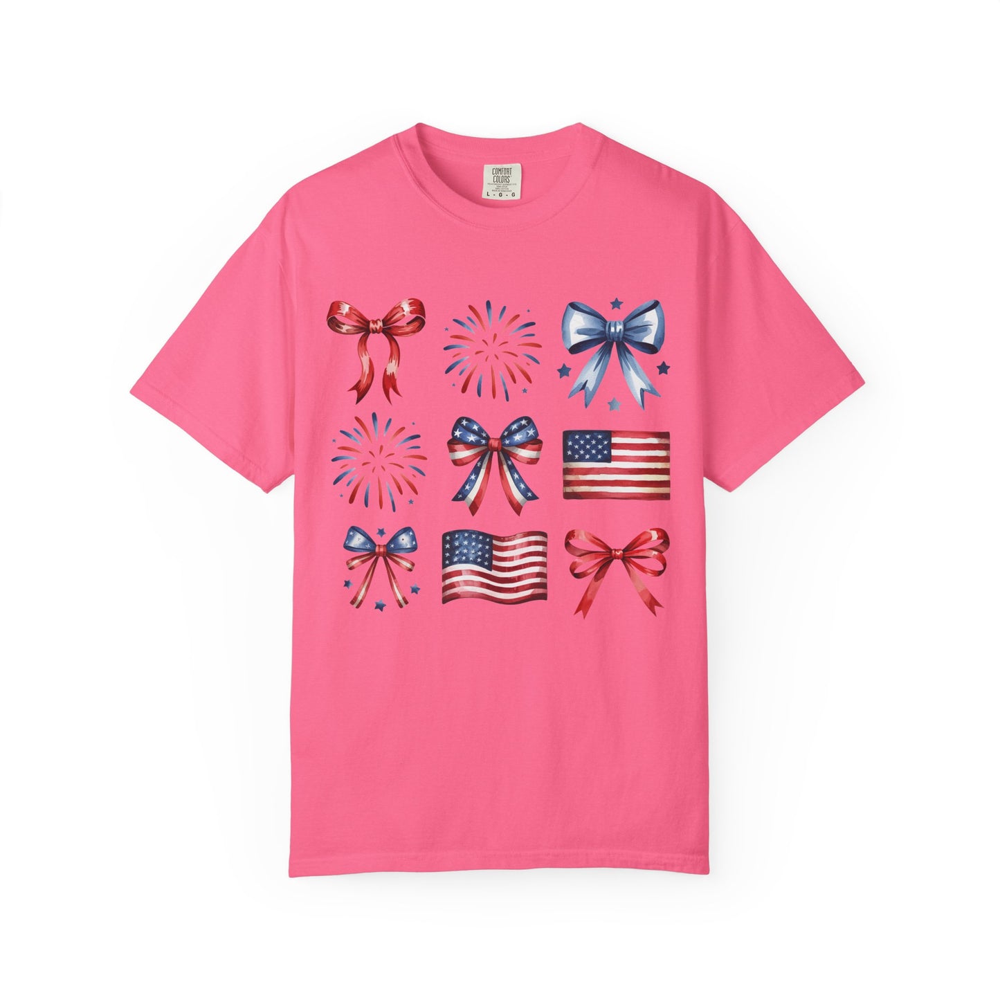 Patriotic Pride T-Shirt | 'Stars, Stripes & Bows' Americana Graphic TeeAmerican Flags, Bows, Fireworks | 4th of July & Memorial Day Graphics