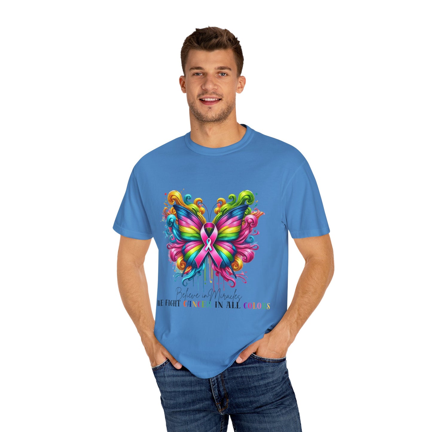 Colorful Butterfly Cancer Awareness Comfort Colors T-Shirt - Believe in Miracles, Fight Together