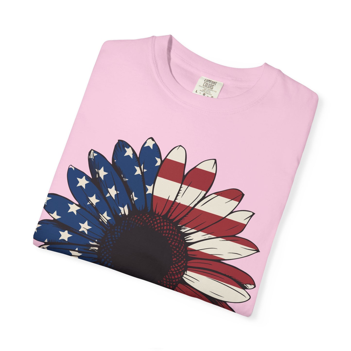 Patriotic Sun Flower Comfort ColorsT-Shirt, USA Flag Tee, Unisex Graphic T-Shirt for Independence Day, Summer Picnic, Gift for Americans