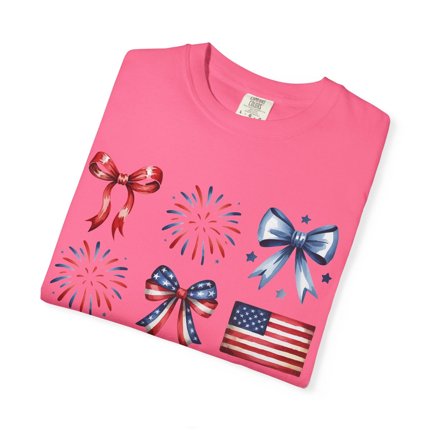 Patriotic Pride T-Shirt | 'Stars, Stripes & Bows' Americana Graphic TeeAmerican Flags, Bows, Fireworks | 4th of July & Memorial Day Graphics