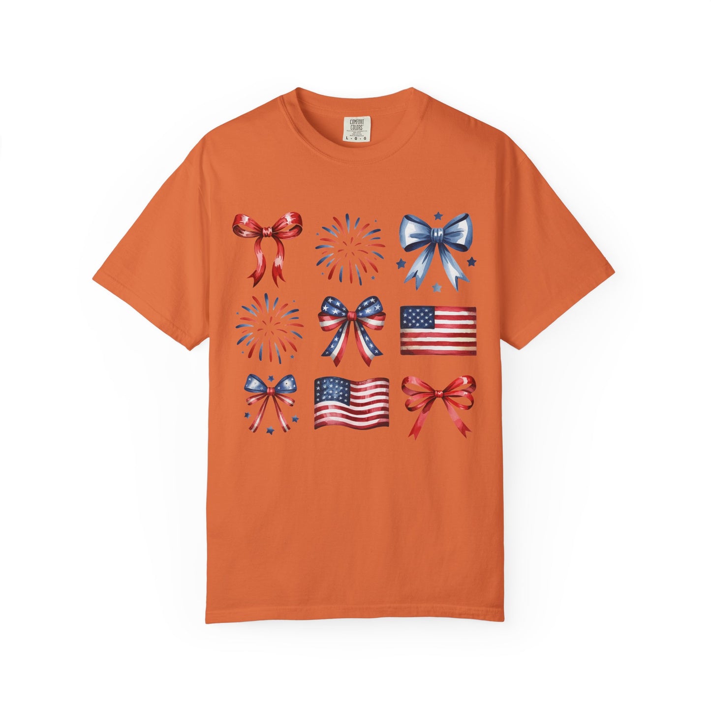 Patriotic Pride T-Shirt | 'Stars, Stripes & Bows' Americana Graphic TeeAmerican Flags, Bows, Fireworks | 4th of July & Memorial Day Graphics