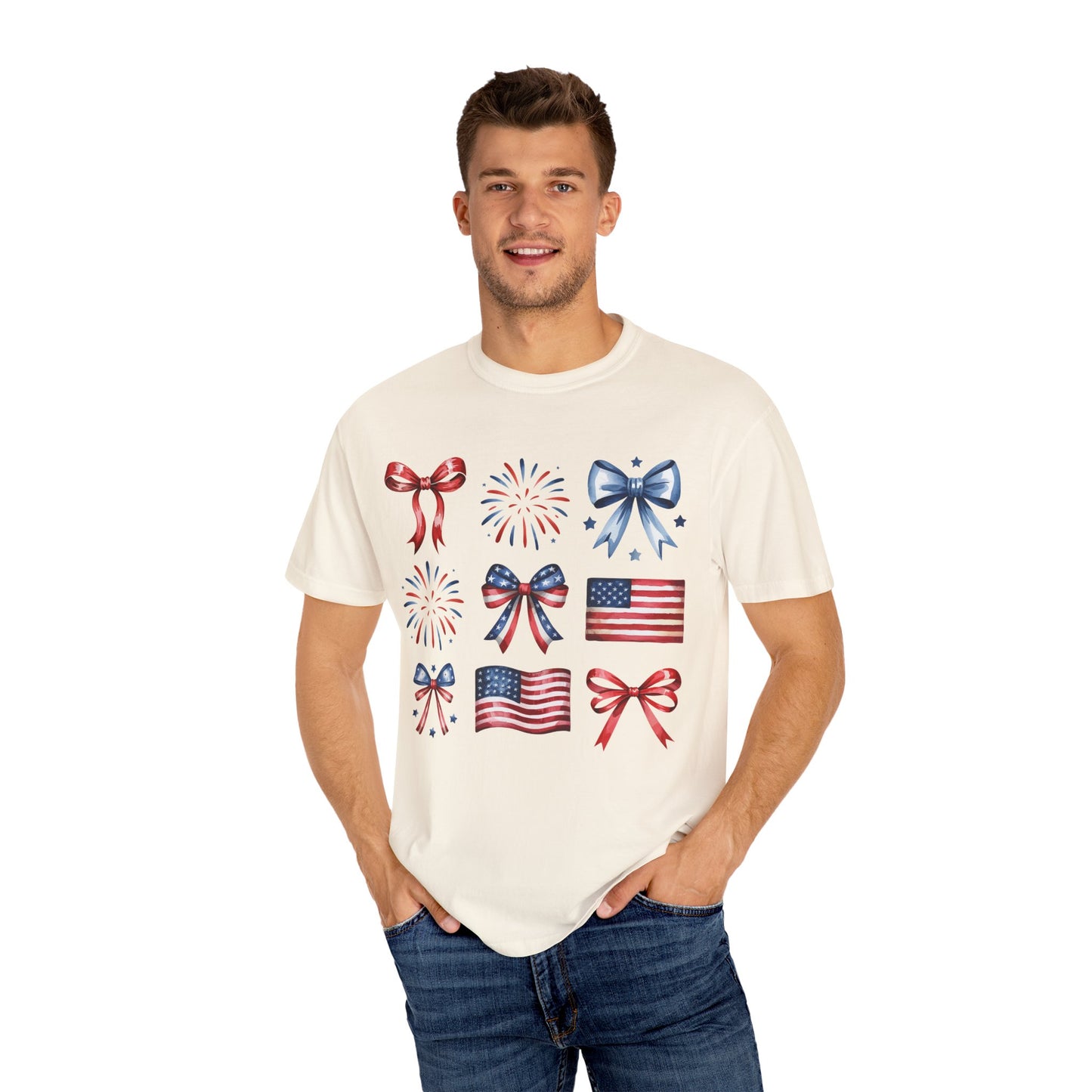 Patriotic Pride T-Shirt | 'Stars, Stripes & Bows' Americana Graphic TeeAmerican Flags, Bows, Fireworks | 4th of July & Memorial Day Graphics