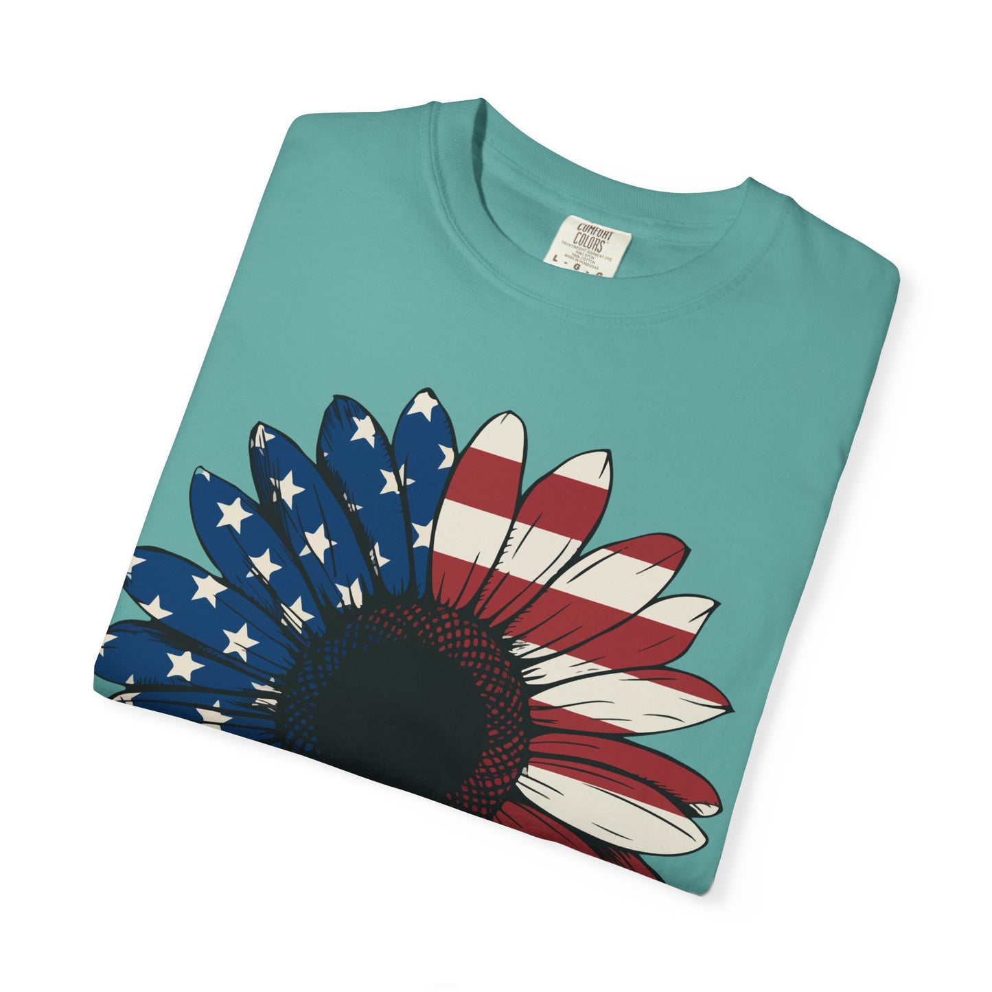 Patriotic Sun Flower Comfort ColorsT-Shirt, USA Flag Tee, Unisex Graphic T-Shirt for Independence Day, Summer Picnic, Gift for Americans