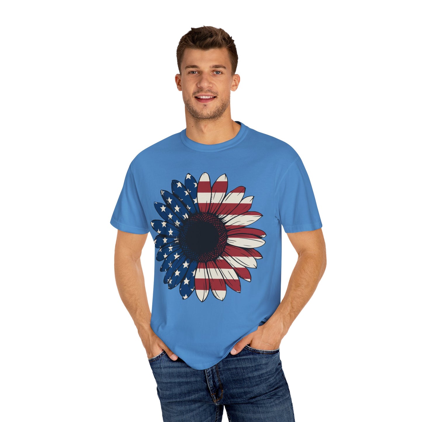 Patriotic Sun Flower Comfort ColorsT-Shirt, USA Flag Tee, Unisex Graphic T-Shirt for Independence Day, Summer Picnic, Gift for Americans