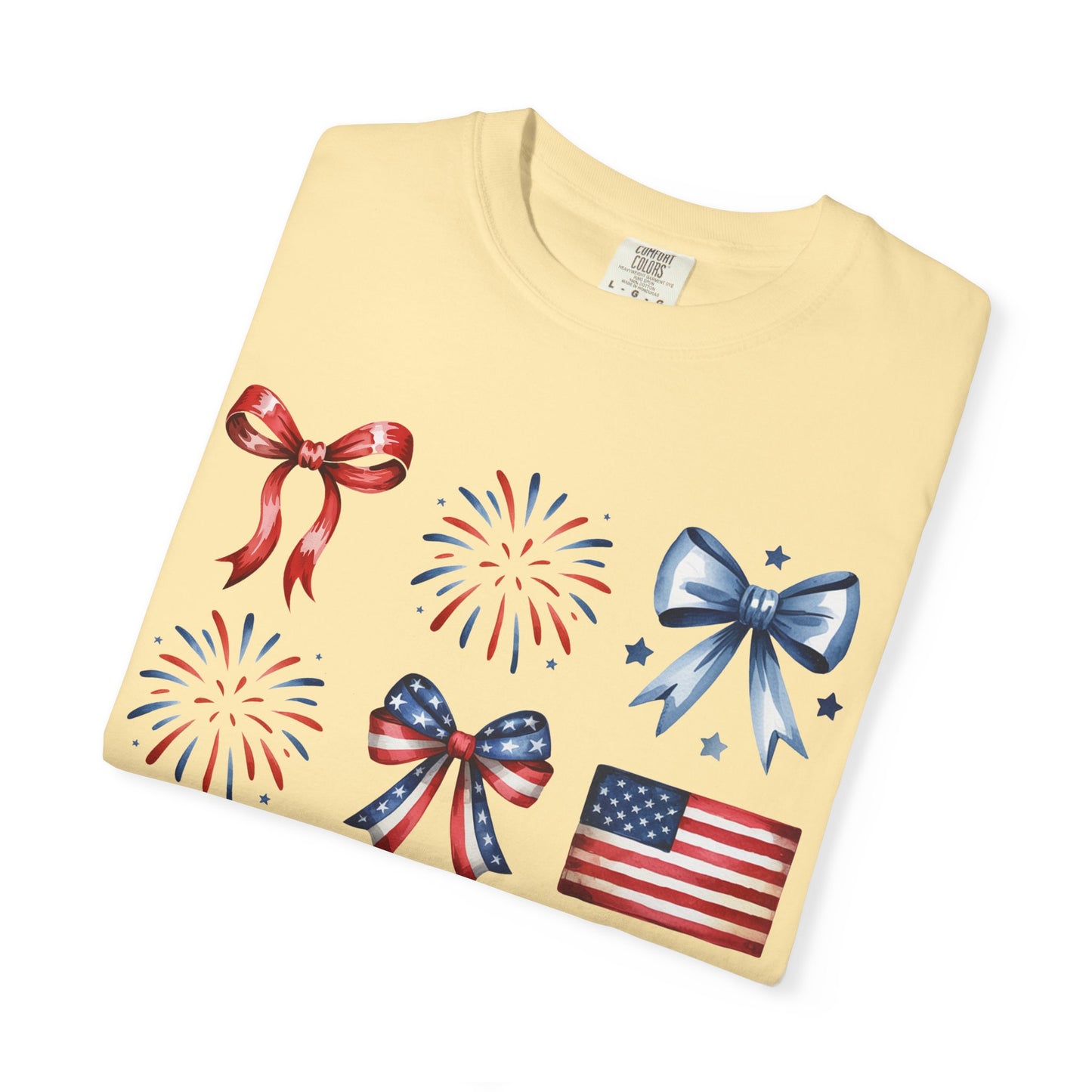 Patriotic Pride T-Shirt | 'Stars, Stripes & Bows' Americana Graphic TeeAmerican Flags, Bows, Fireworks | 4th of July & Memorial Day Graphics