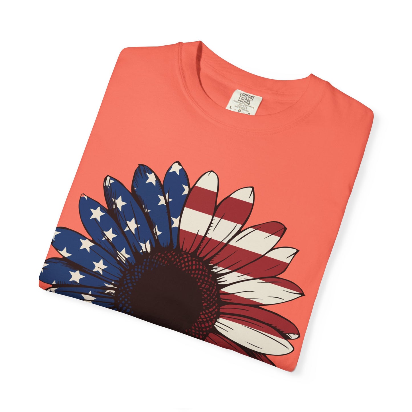 Patriotic Sun Flower Comfort ColorsT-Shirt, USA Flag Tee, Unisex Graphic T-Shirt for Independence Day, Summer Picnic, Gift for Americans