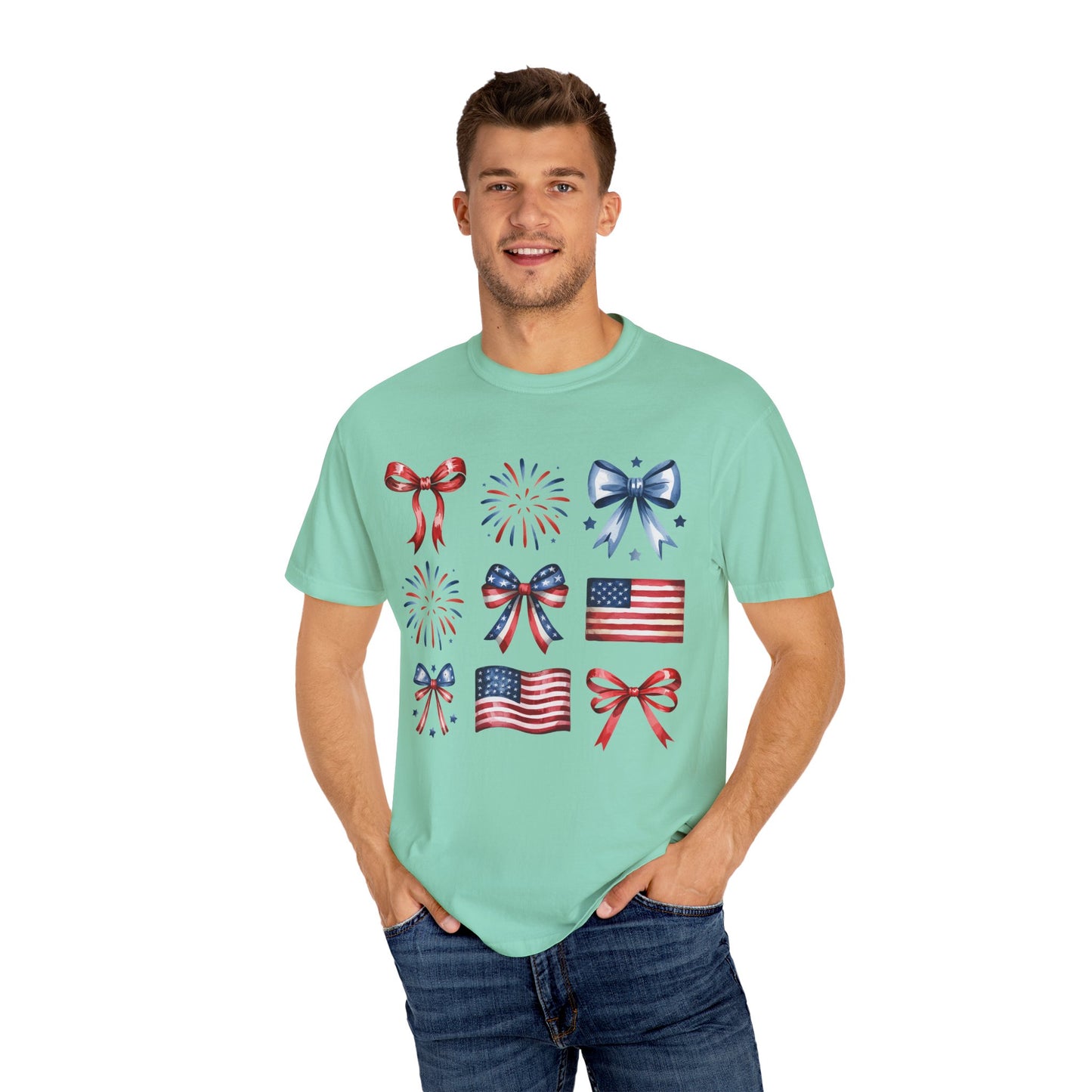 Patriotic Pride T-Shirt | 'Stars, Stripes & Bows' Americana Graphic TeeAmerican Flags, Bows, Fireworks | 4th of July & Memorial Day Graphics