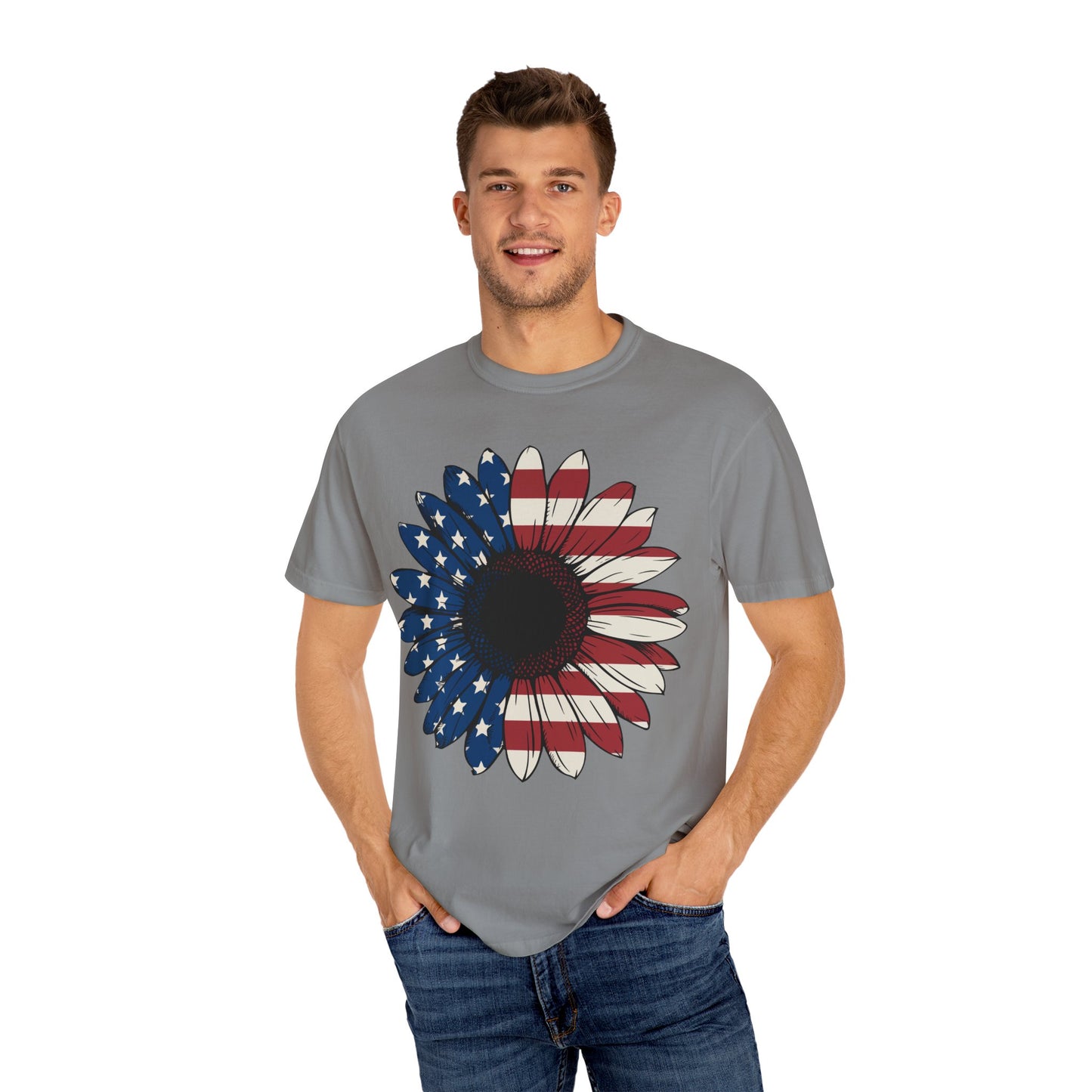 Patriotic Sun Flower Comfort ColorsT-Shirt, USA Flag Tee, Unisex Graphic T-Shirt for Independence Day, Summer Picnic, Gift for Americans