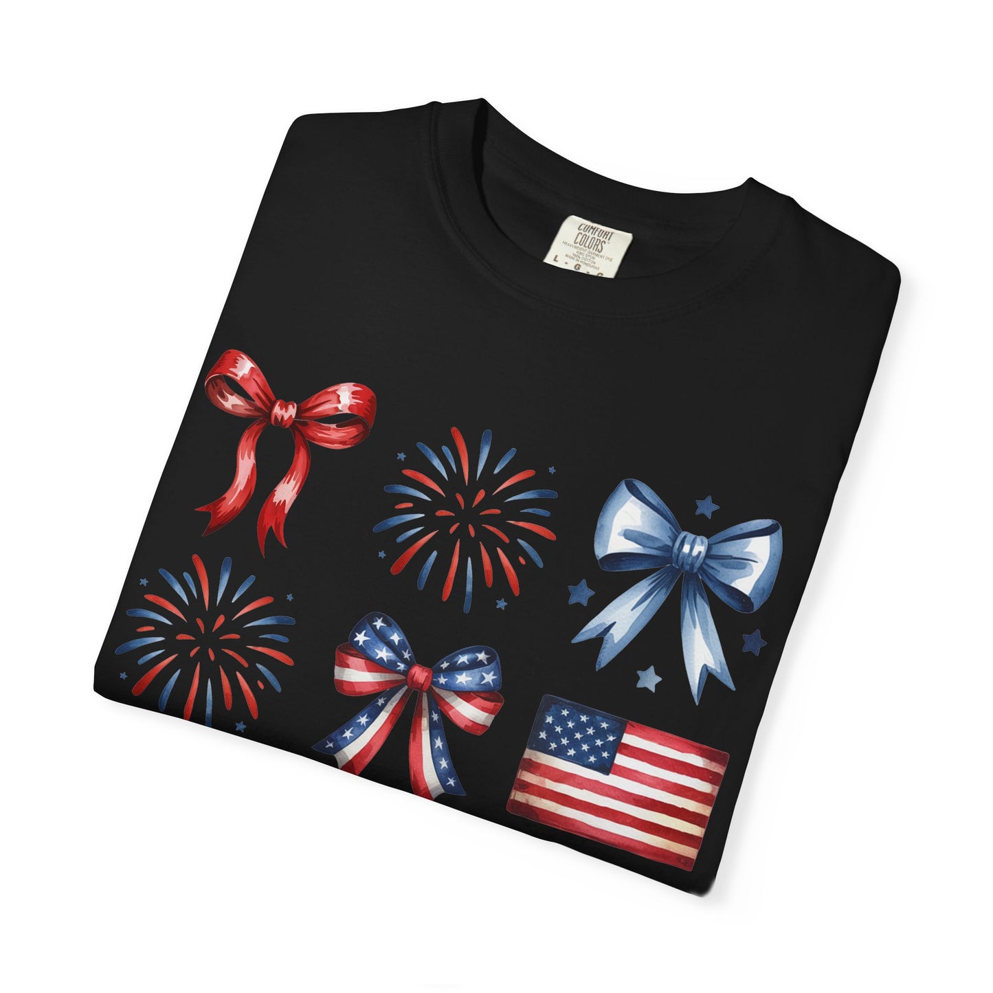 Patriotic Pride T-Shirt | 'Stars, Stripes & Bows' Americana Graphic TeeAmerican Flags, Bows, Fireworks | 4th of July & Memorial Day Graphics