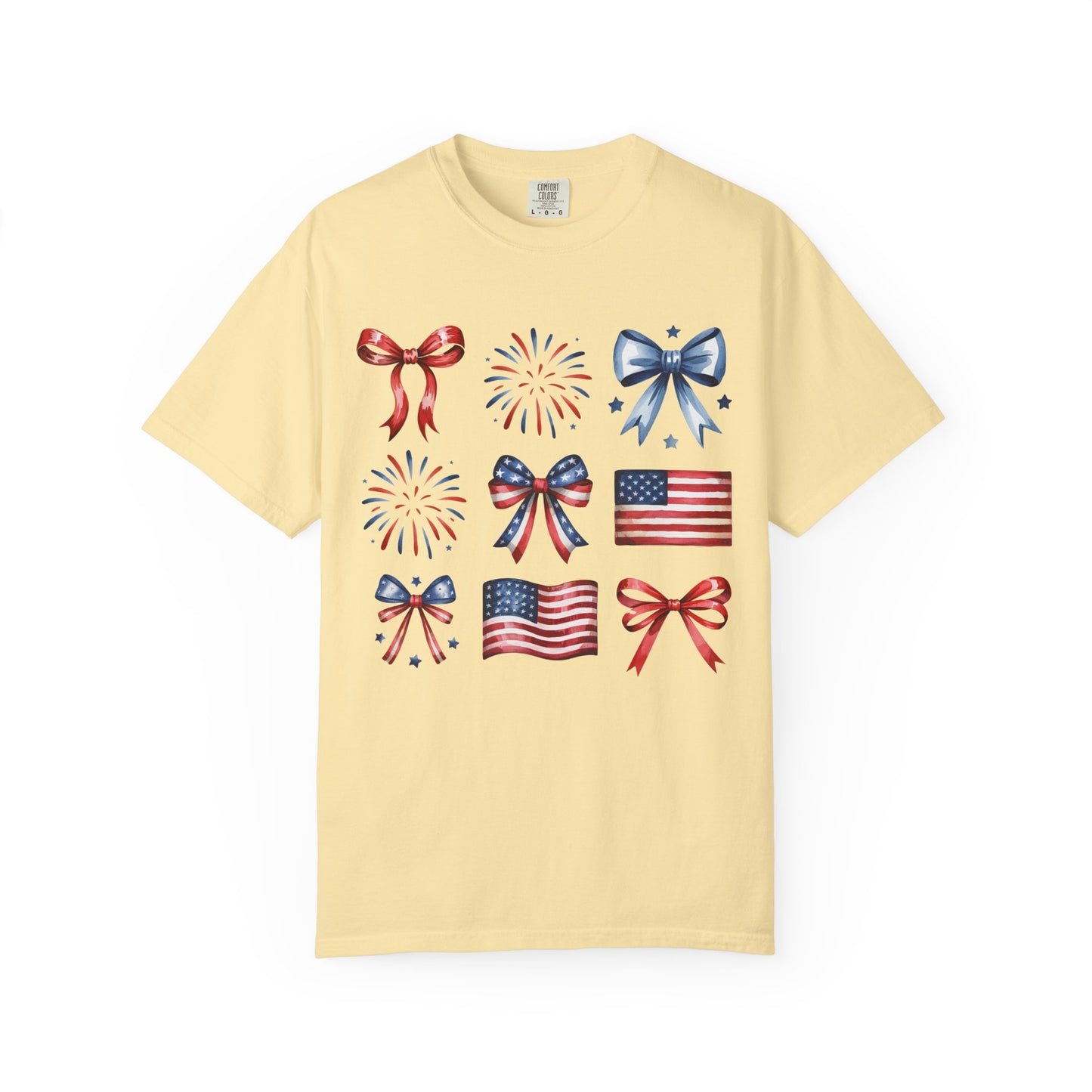 Patriotic Pride T-Shirt | 'Stars, Stripes & Bows' Americana Graphic TeeAmerican Flags, Bows, Fireworks | 4th of July & Memorial Day Graphics