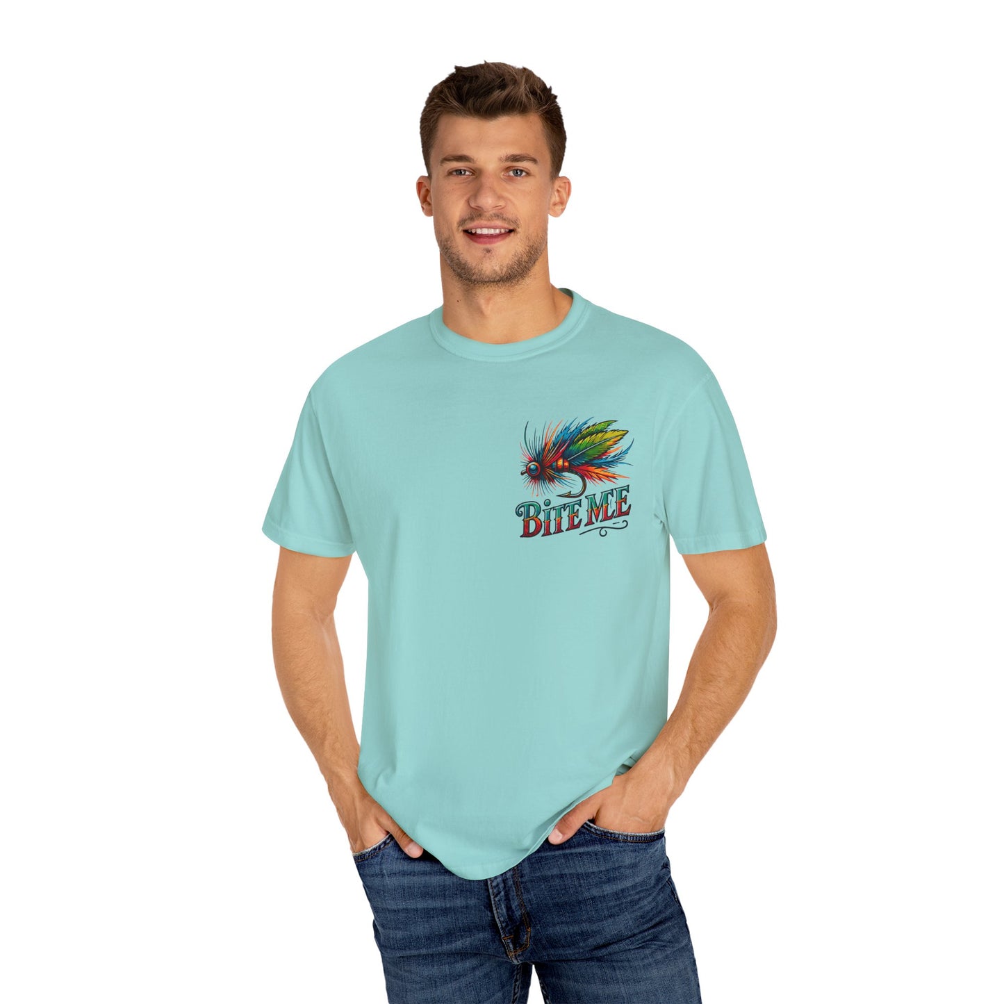 Bite Me Fishing Shirt – Funny Fly Fishing Graphic Tee, Rainbow Lure Outdoor Humor, Sassy Angler Gift